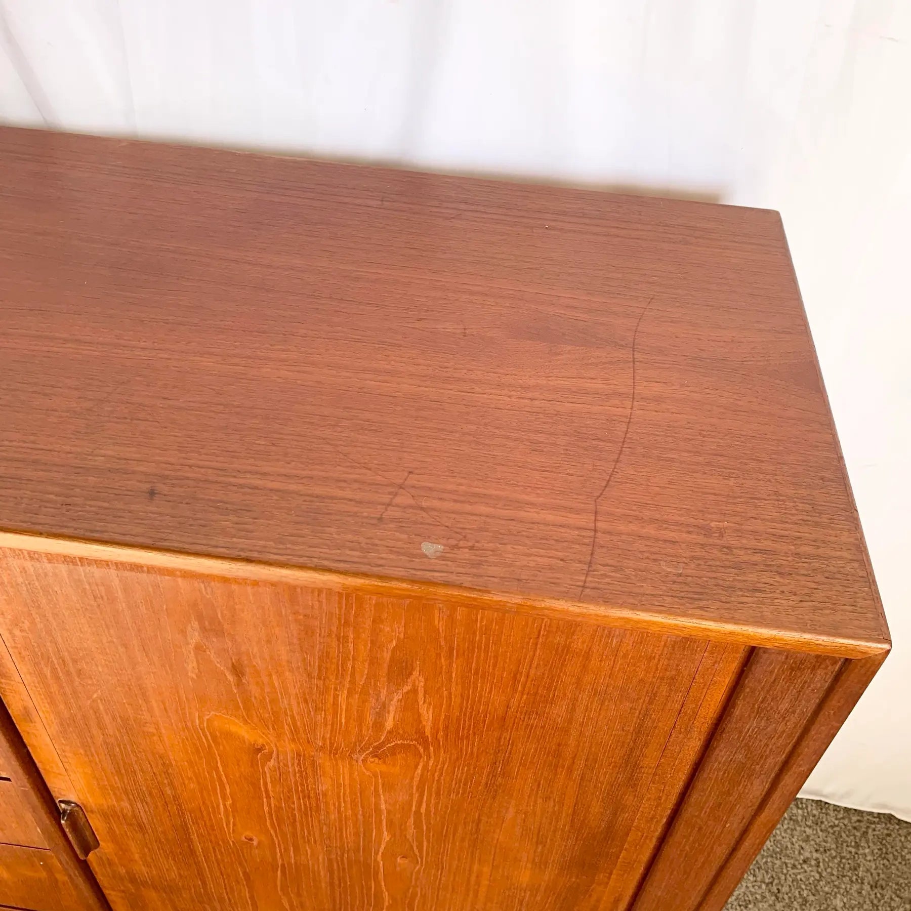 Danish Mid Century Modern Teak Tambour Door Highboy Dresser by Falster