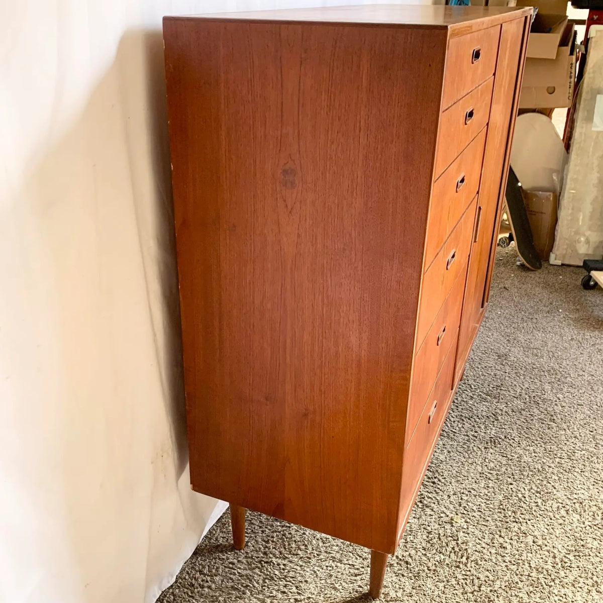 Danish Mid Century Modern Teak Tambour Door Highboy Dresser by Falster - Dolphin & Flamingo