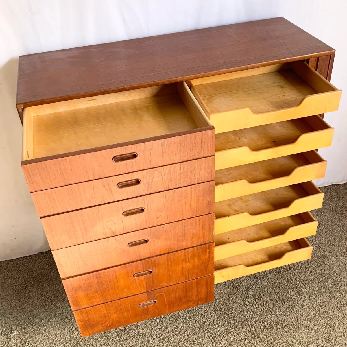 Danish Mid Century Modern Teak Tambour Door Highboy Dresser by Falster - Dolphin & Flamingo