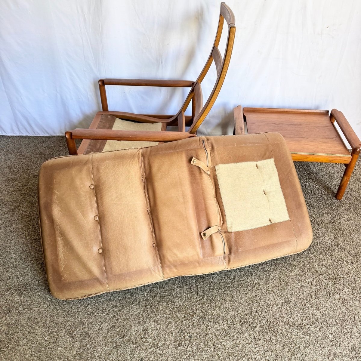 Danish Modern Teak Reclining Lounge Chair and Ottoman by Madsen and Schübel - Two Pieces - Dolphin & Flamingo