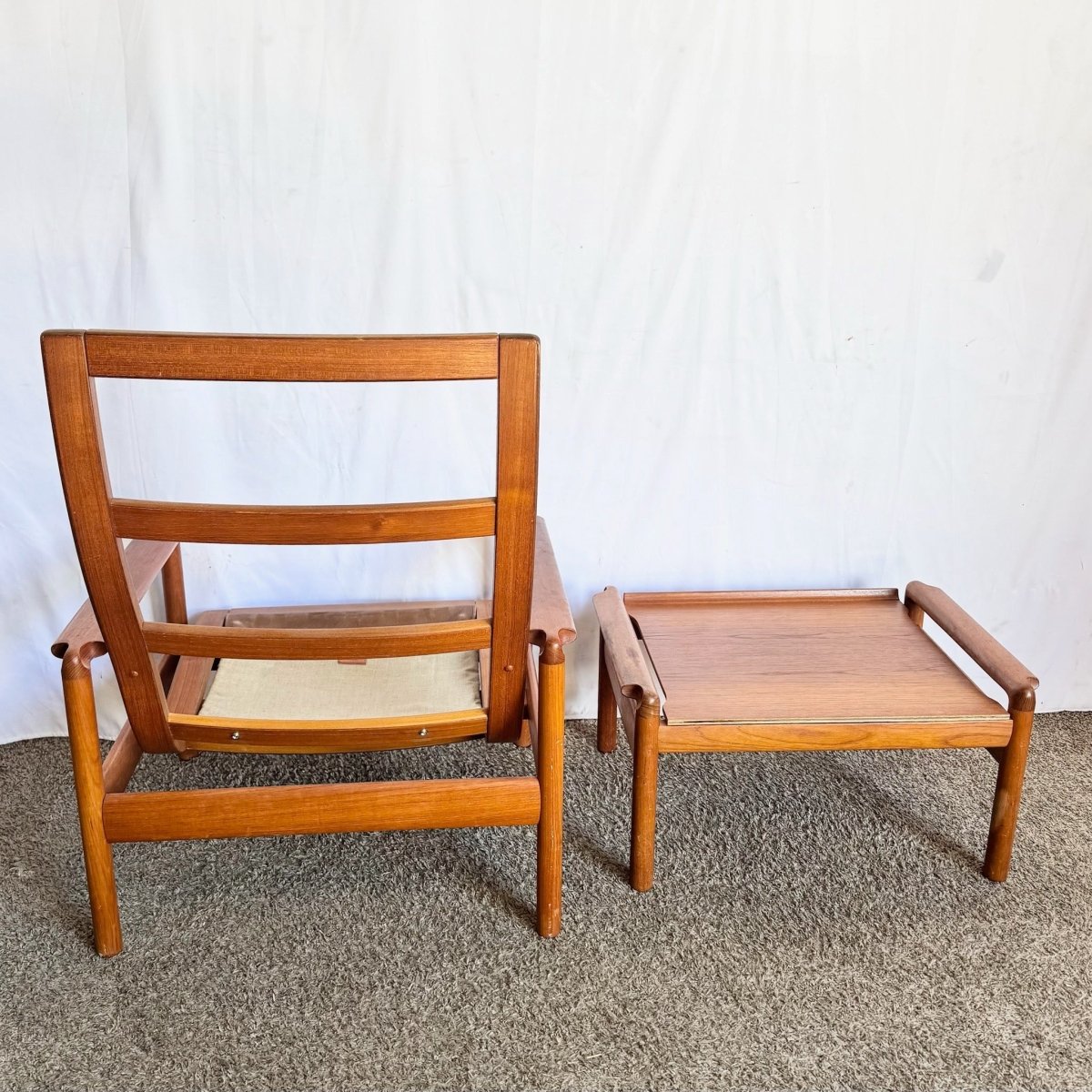 Danish Modern Teak Reclining Lounge Chair and Ottoman by Madsen and Schübel - Two Pieces - Dolphin & Flamingo