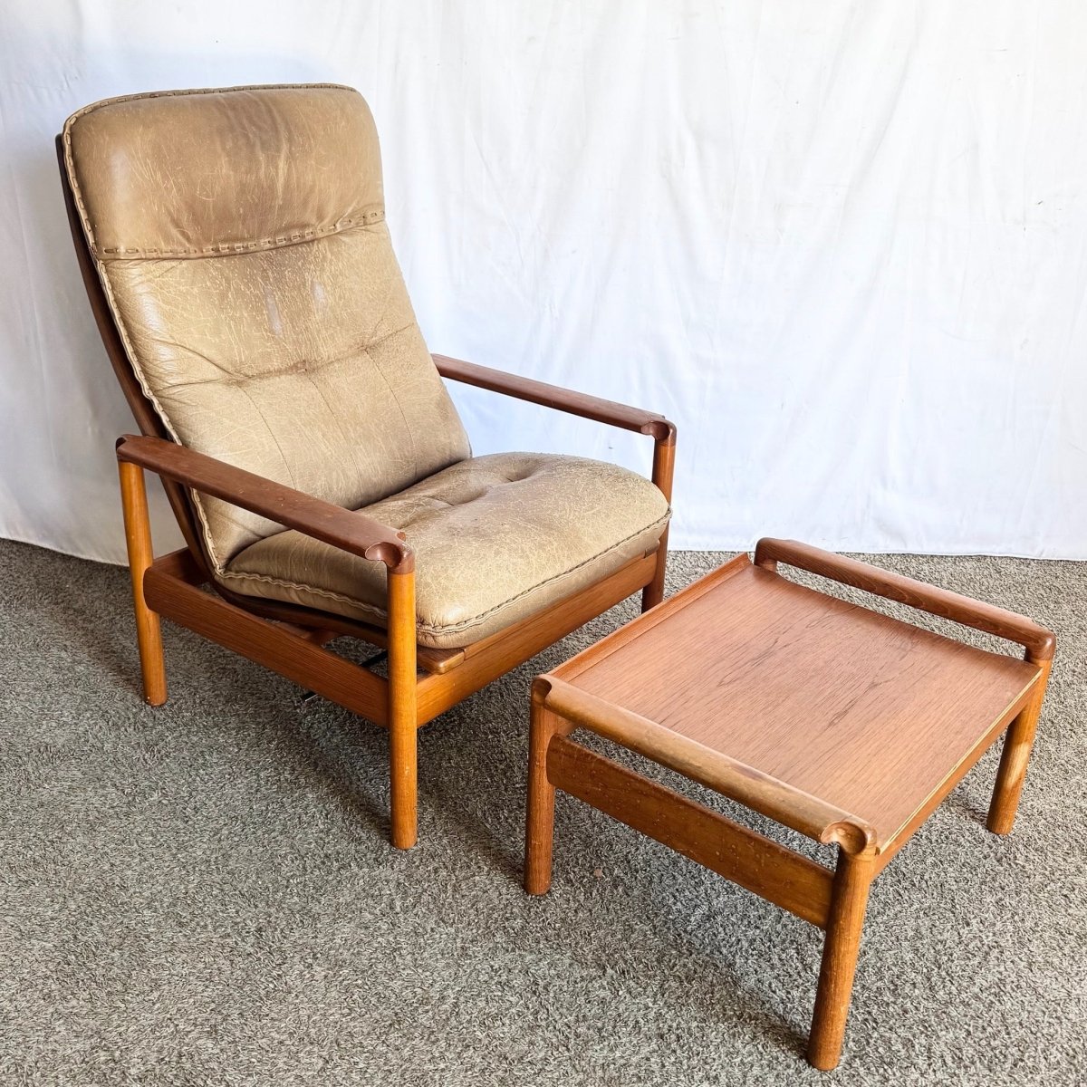 Danish Modern Teak Reclining Lounge Chair and Ottoman by Madsen and Schübel - Two Pieces - Dolphin & Flamingo