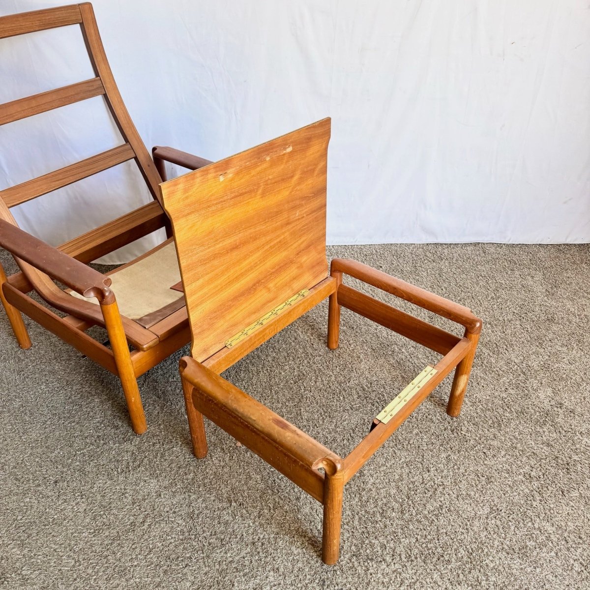 Danish Modern Teak Reclining Lounge Chair and Ottoman by Madsen and Schübel - Two Pieces - Dolphin & Flamingo