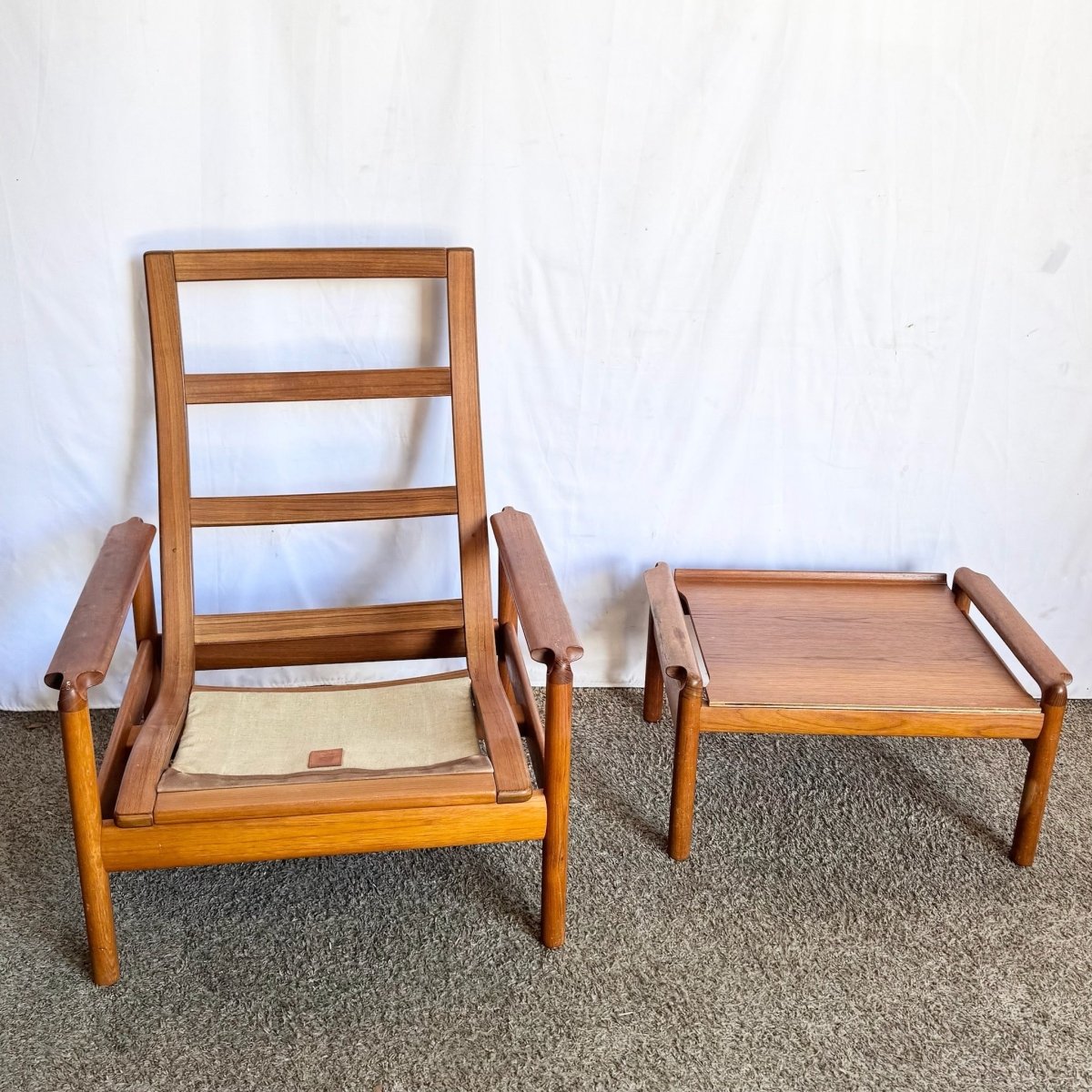 Danish Modern Teak Reclining Lounge Chair and Ottoman by Madsen and Schübel - Two Pieces - Dolphin & Flamingo