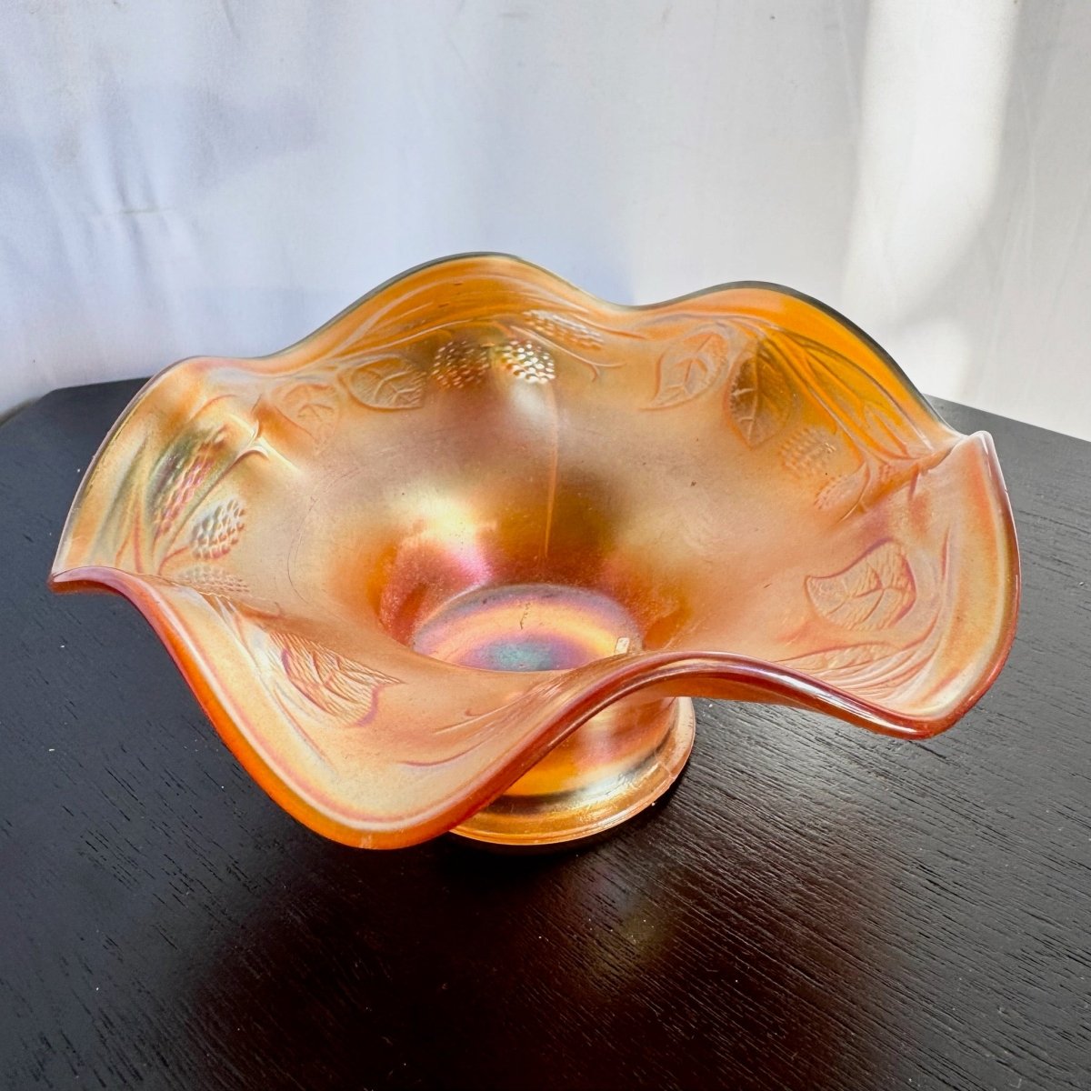 Fenton Marigold Carnival Glass Bowl in the "Blackberry Spray" Pattern - Dolphin & Flamingo