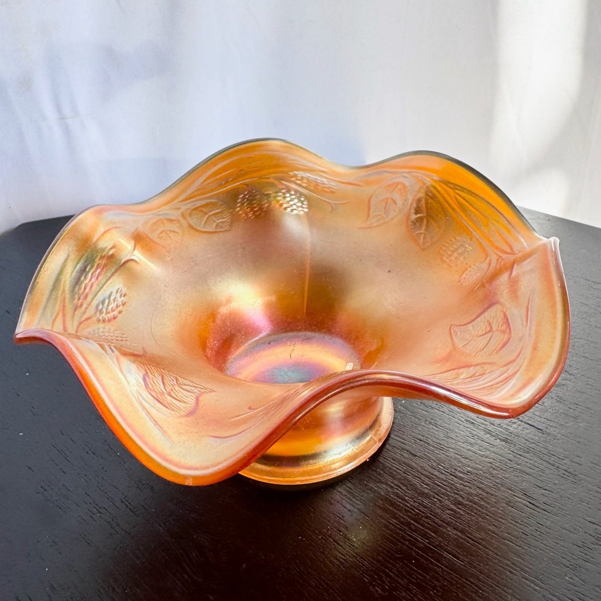 Fenton Marigold Carnival Glass Bowl in the "Blackberry Spray" Pattern - Dolphin & Flamingo