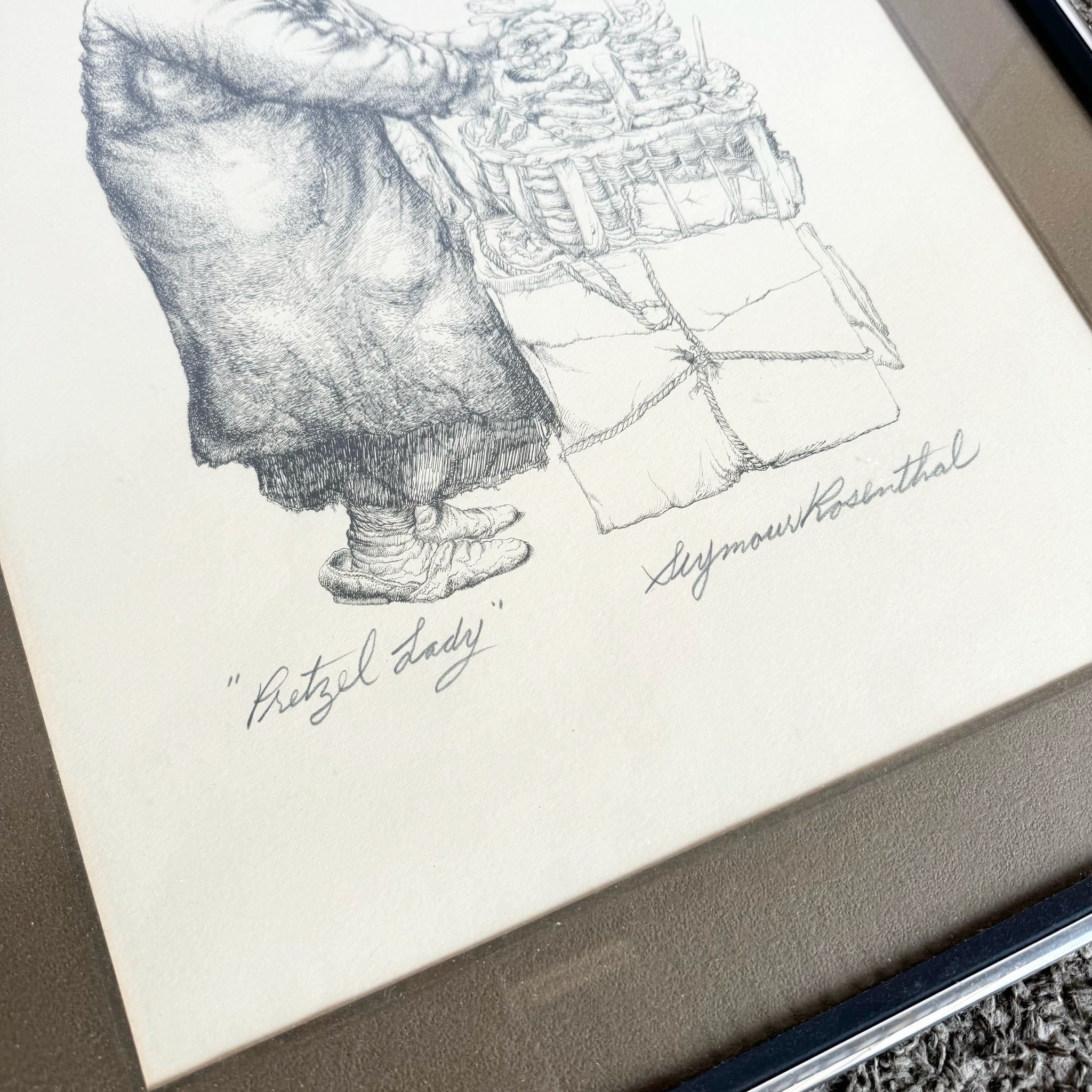 Framed and Signed “Pretzel Lady” Lithograph by Seymour Rosenthal - Dolphin & Flamingo