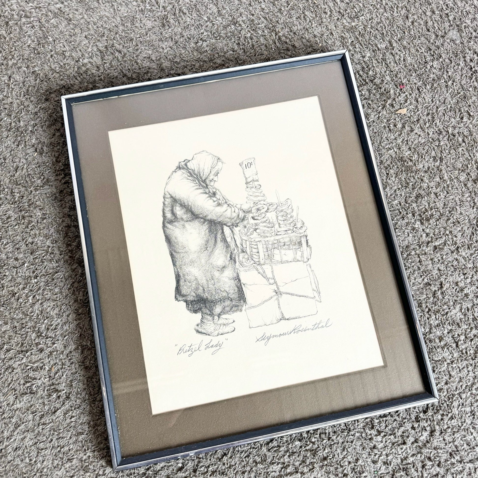 Framed and Signed “Pretzel Lady” Lithograph by Seymour Rosenthal - Dolphin & Flamingo
