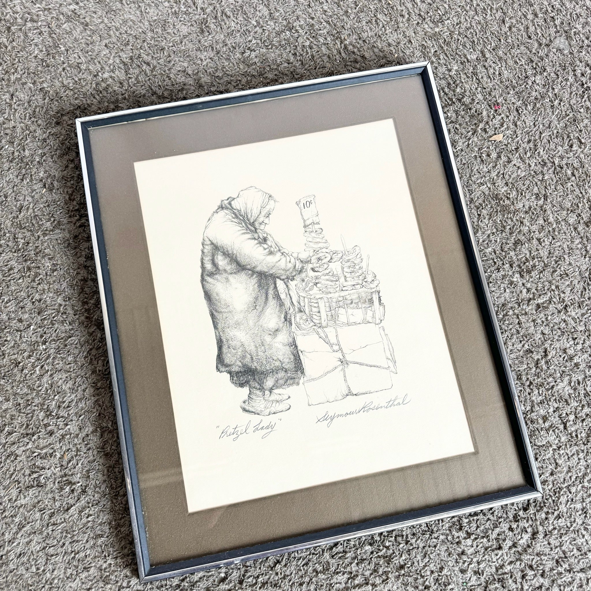 Framed and Signed “Pretzel Lady” Lithograph by Seymour Rosenthal - Dolphin & Flamingo