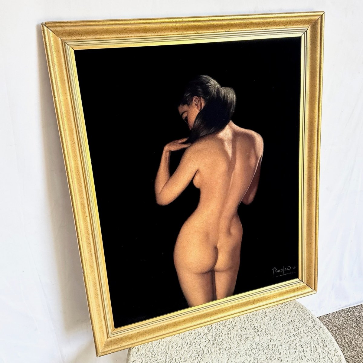 Framed Hand Painted Nude Woman on Black Velvet - Dolphin & Flamingo