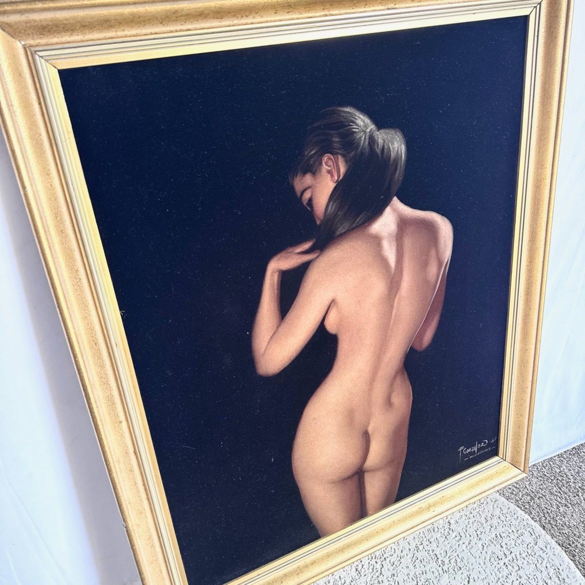 Framed Hand Painted Nude Woman on Black Velvet - Dolphin & Flamingo