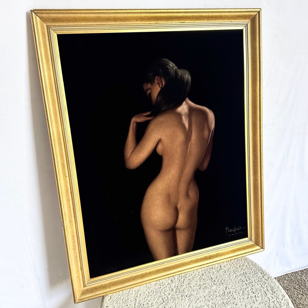 Framed Hand Painted Nude Woman on Black Velvet - Dolphin & Flamingo