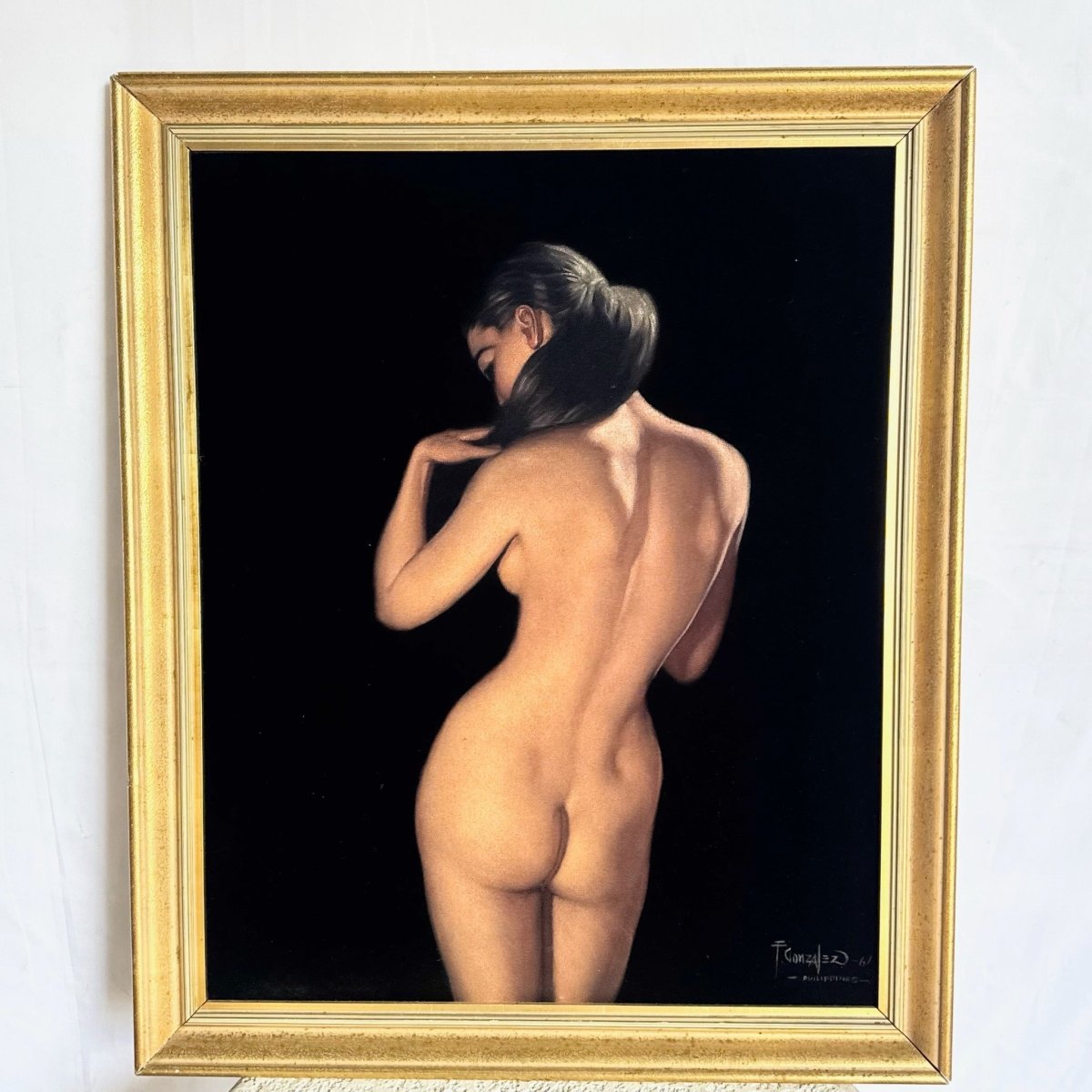 Framed Hand Painted Nude Woman on Black Velvet - Dolphin & Flamingo