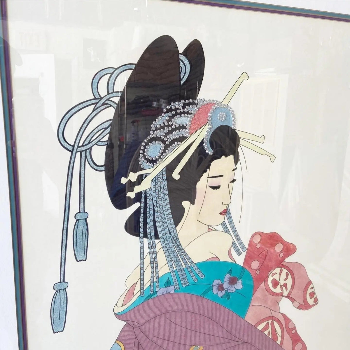 Framed Japanese Woodblock - Style Print Bijin - Ga “Beautiful Woman” - Dolphin & Flamingo