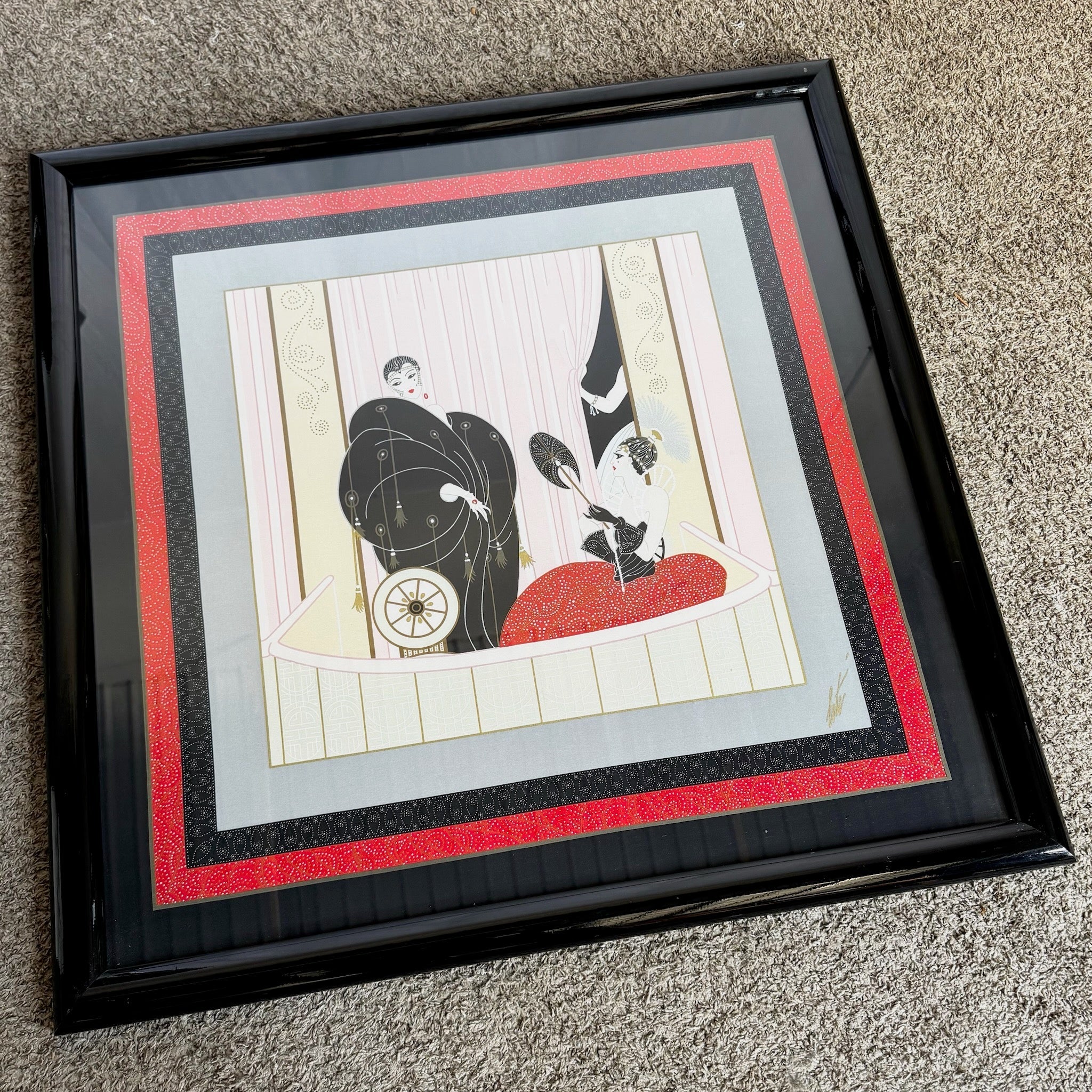 Framed “Loge De Théâtre” on Silk Scarf by Erté (1987) - Dolphin & Flamingo