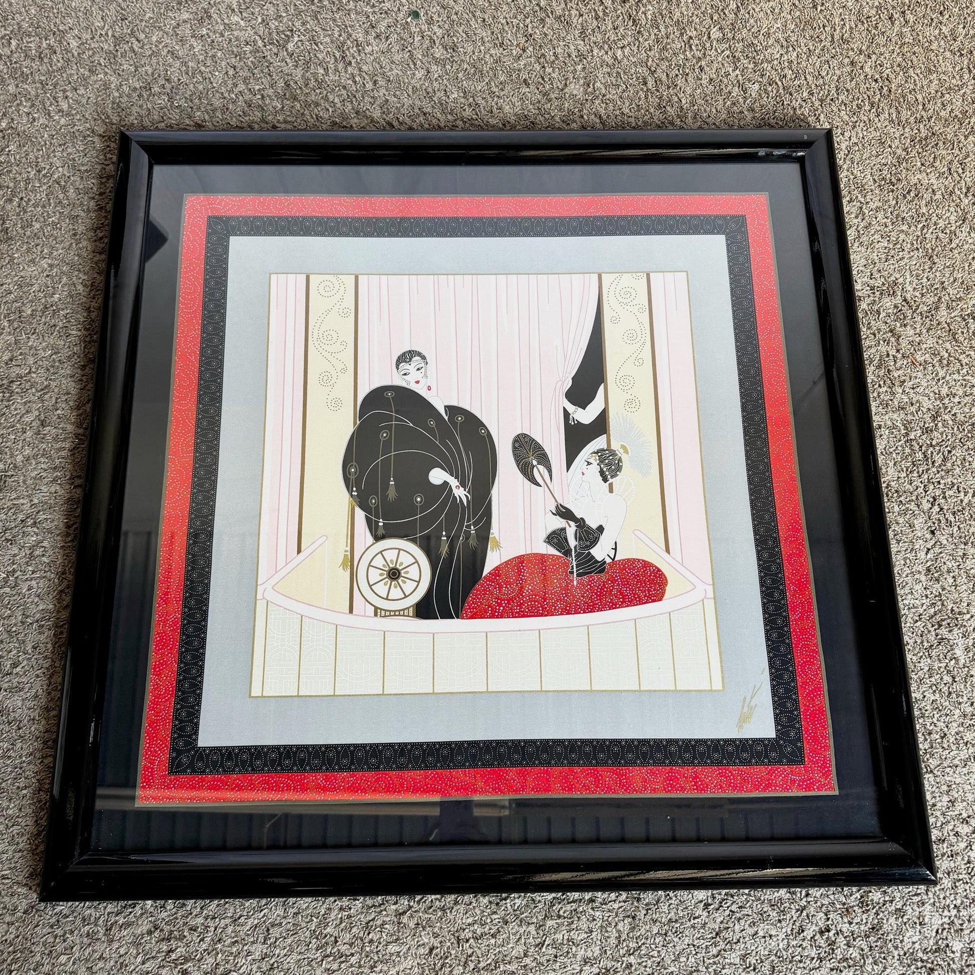 Framed “Loge De Théâtre” on Silk Scarf by Erté (1987) - Dolphin & Flamingo