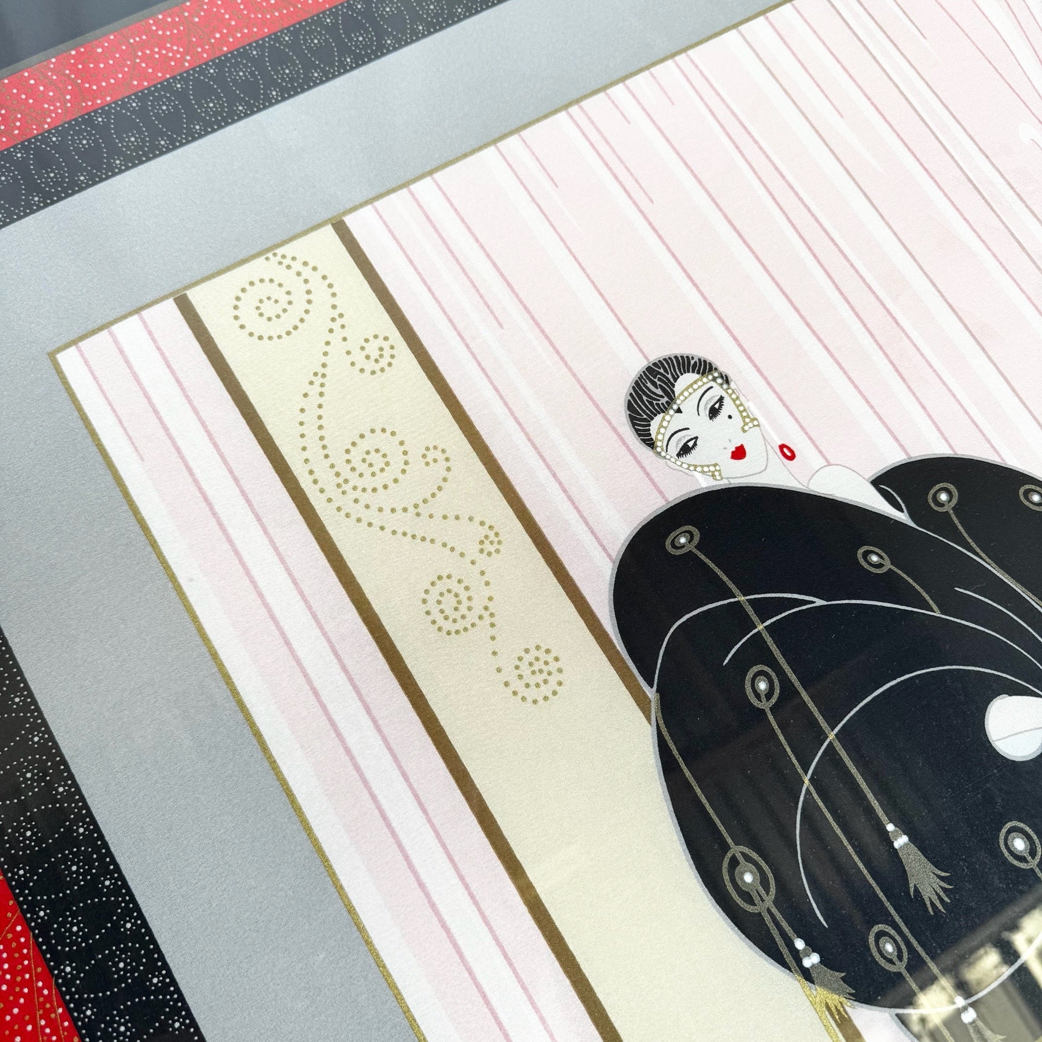 Framed “Loge De Théâtre” on Silk Scarf by Erté (1987) - Dolphin & Flamingo