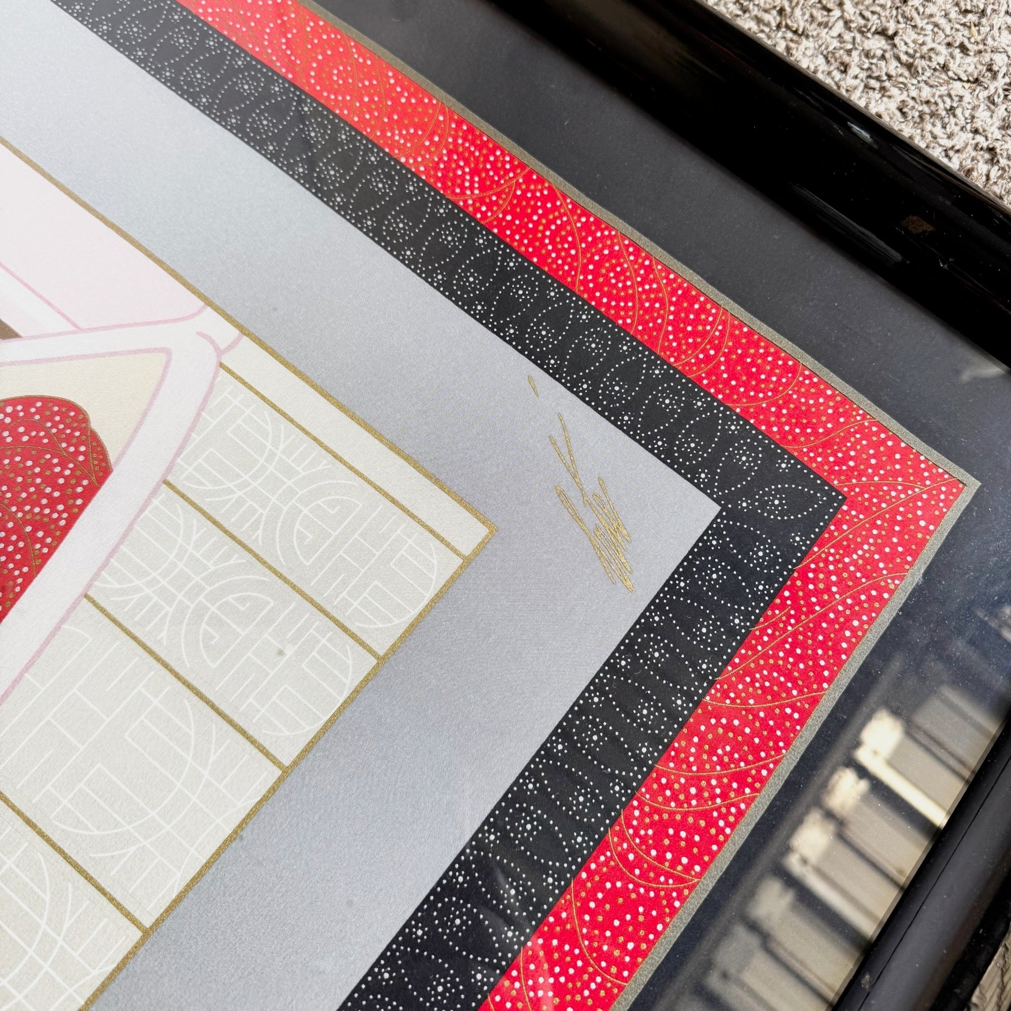 Framed “Loge De Théâtre” on Silk Scarf by Erté (1987) - Dolphin & Flamingo