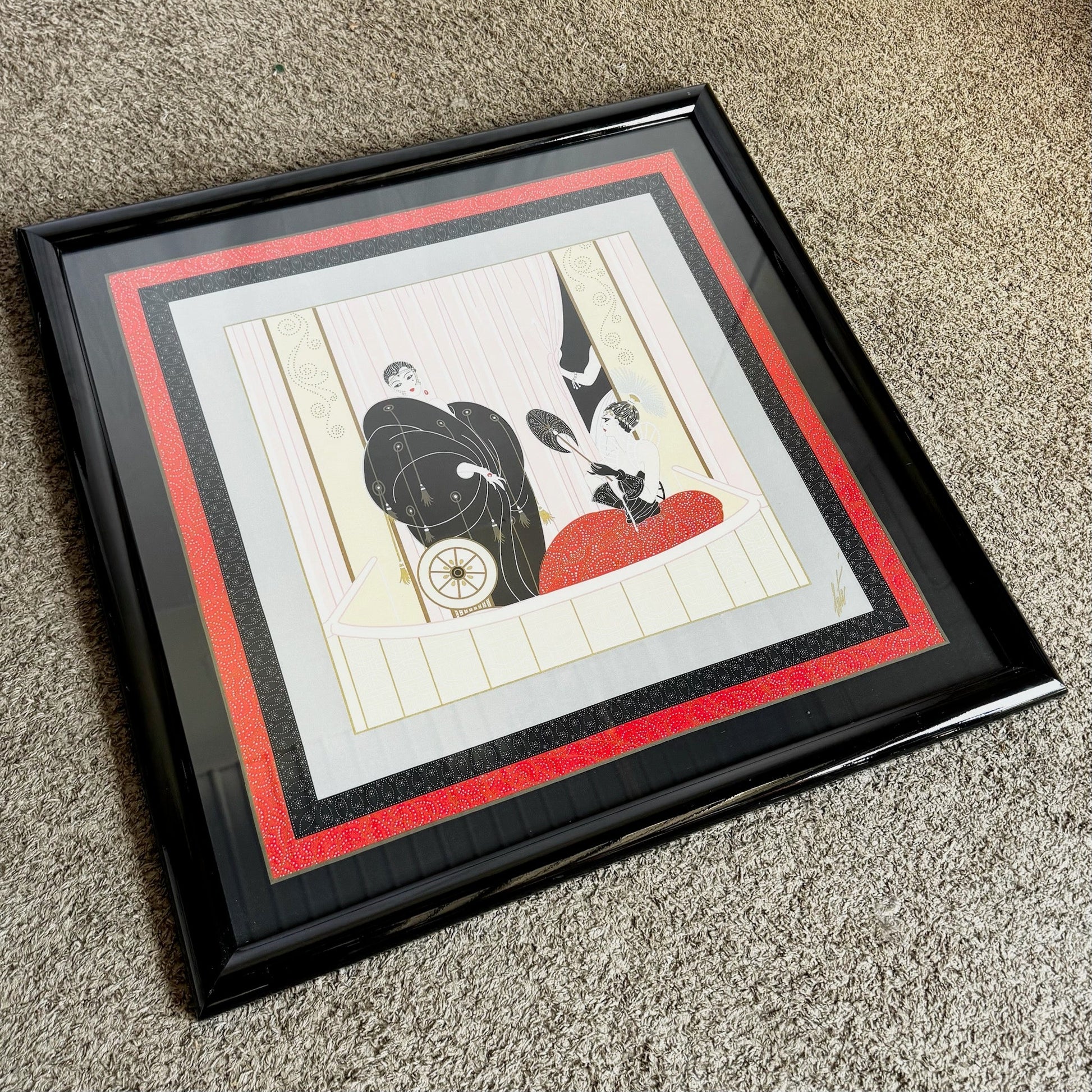 Framed “Loge De Théâtre” on Silk Scarf by Erté (1987) - Dolphin & Flamingo