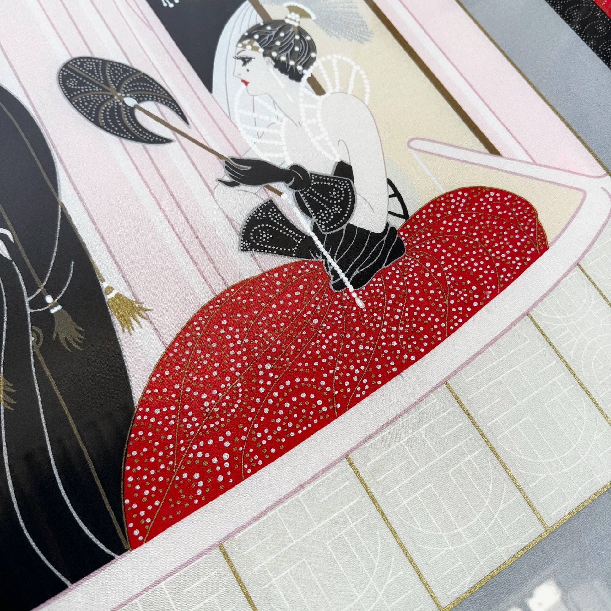 Framed “Loge De Théâtre” on Silk Scarf by Erté (1987) - Dolphin & Flamingo