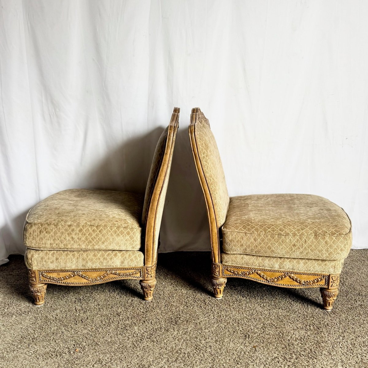 French Provincial Armless Upholstered Lounge Chairs by Schnadig - A Pair - Dolphin & Flamingo