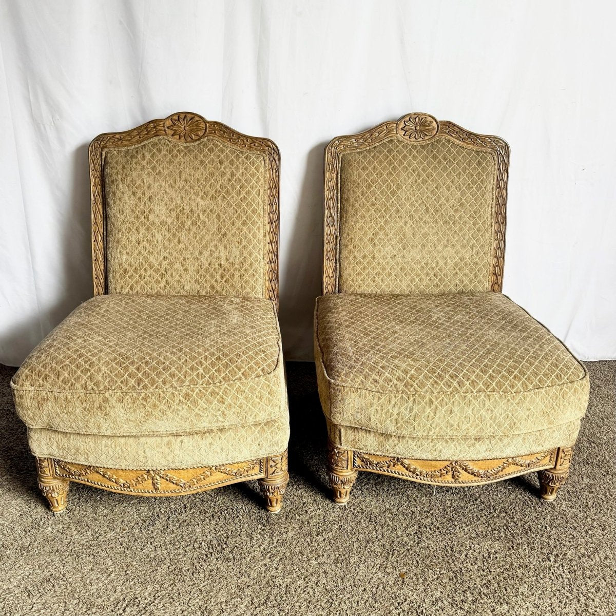 French Provincial Armless Upholstered Lounge Chairs by Schnadig - A Pair - Dolphin & Flamingo