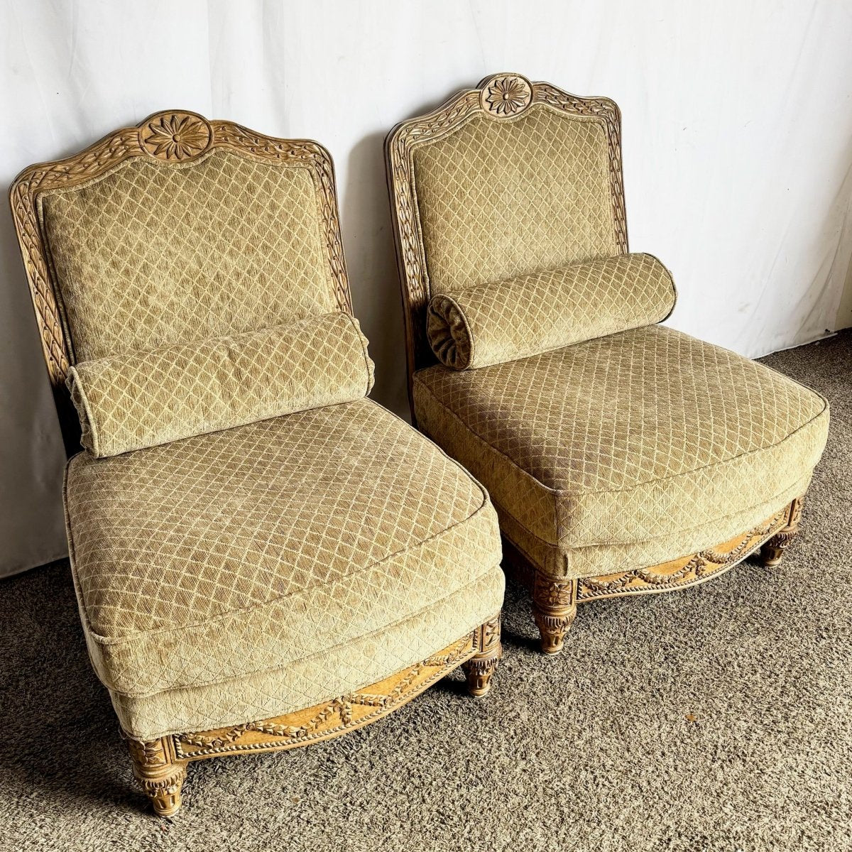 French Provincial Armless Upholstered Lounge Chairs by Schnadig - A Pair - Dolphin & Flamingo