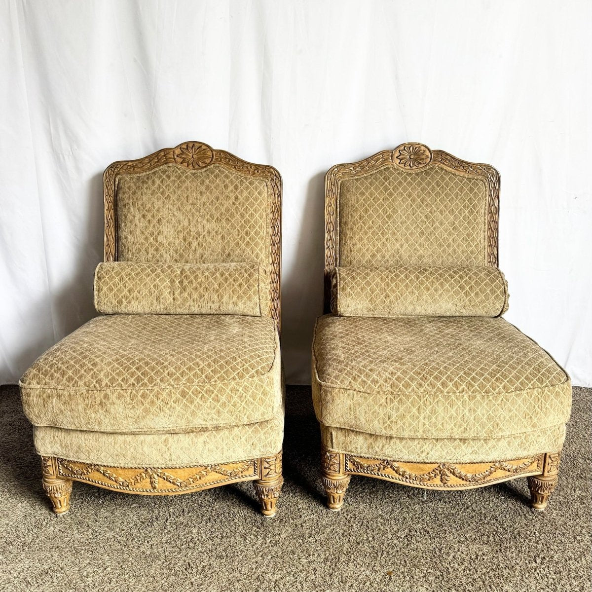French Provincial Armless Upholstered Lounge Chairs by Schnadig - A Pair - Dolphin & Flamingo