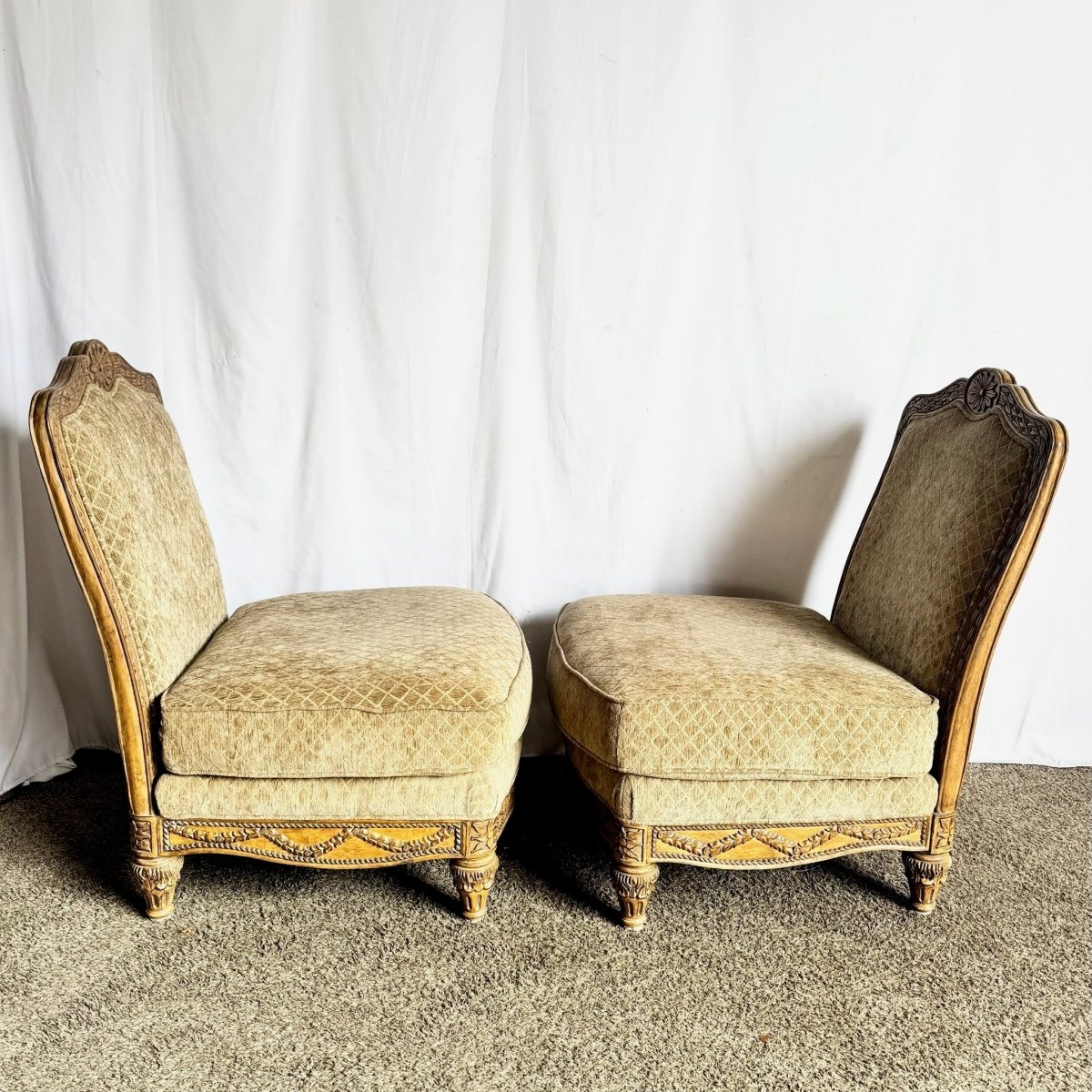 French Provincial Armless Upholstered Lounge Chairs by Schnadig - A Pair - Dolphin & Flamingo