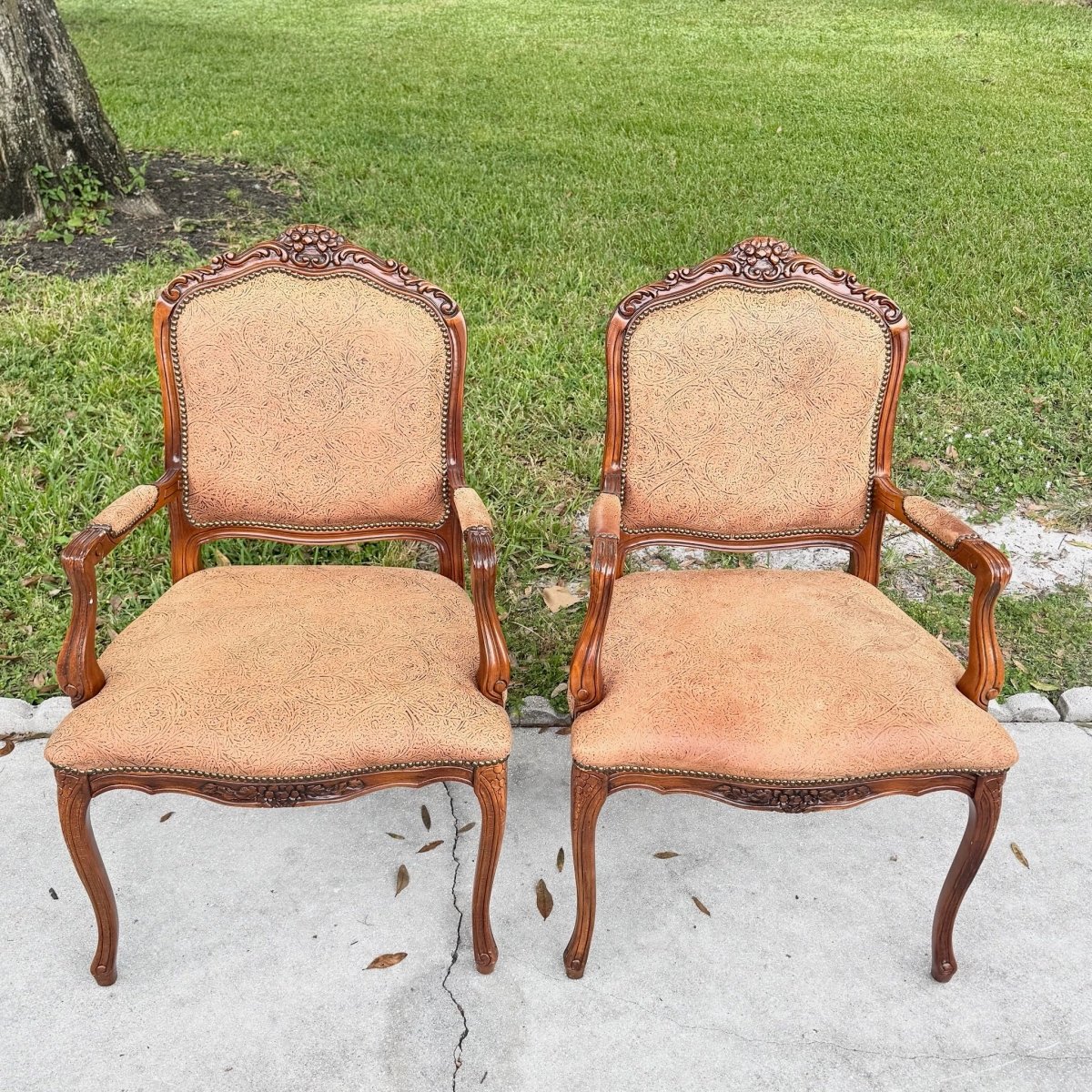 French Provincial Brown With Nailed Vinyl Occasional Chairs - A Pair - Dolphin & Flamingo