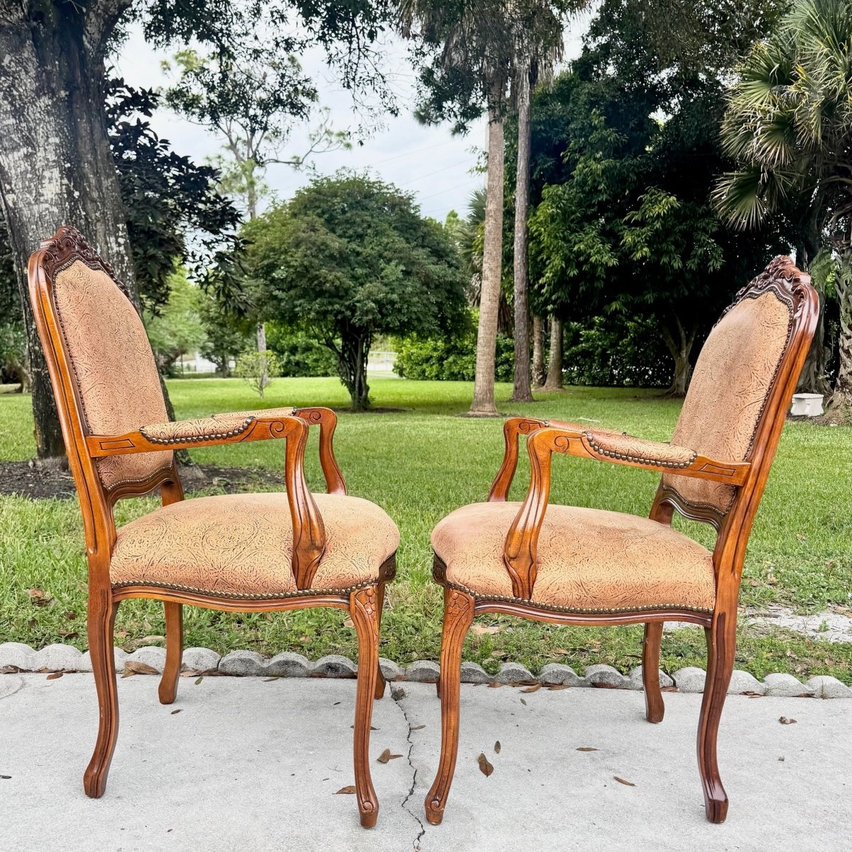 French Provincial Brown With Nailed Vinyl Occasional Chairs - A Pair - Dolphin & Flamingo