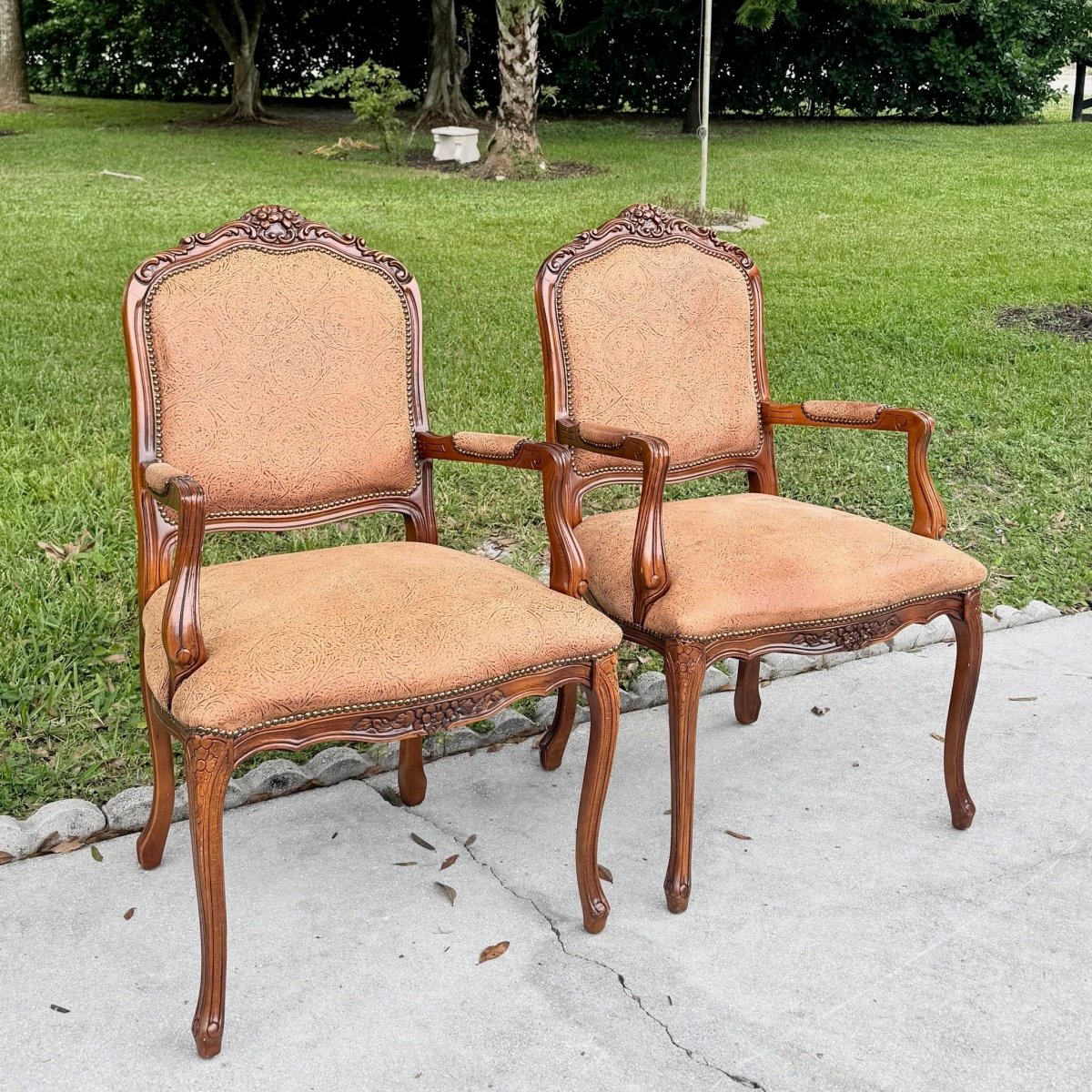 French Provincial Brown With Nailed Vinyl Occasional Chairs - A Pair - Dolphin & Flamingo
