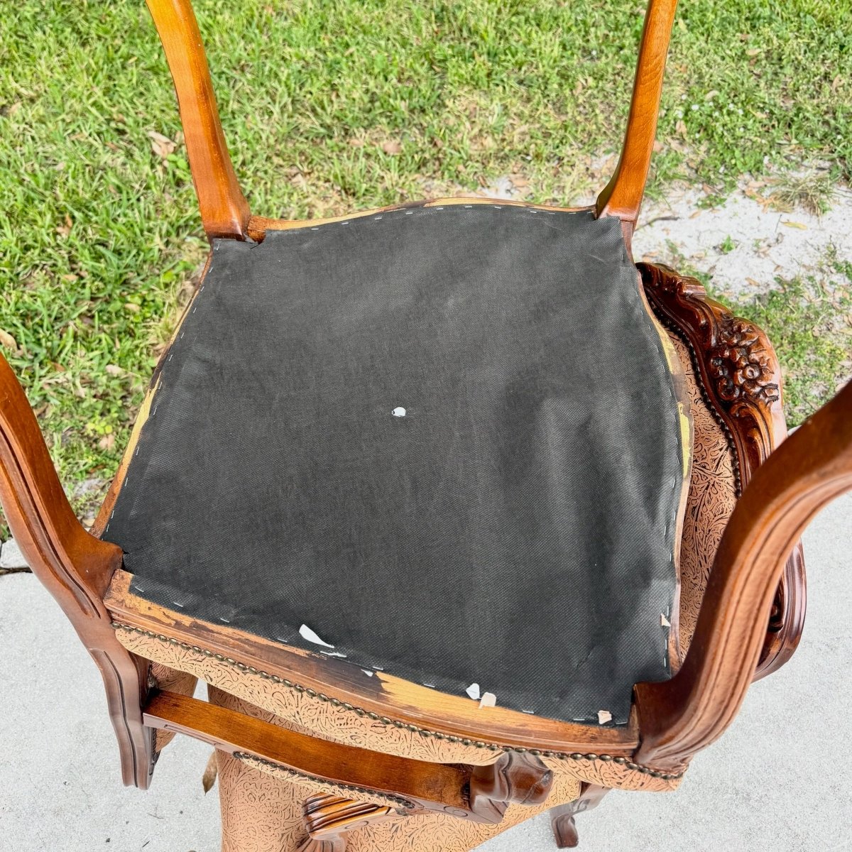 French Provincial Brown With Nailed Vinyl Occasional Chairs - A Pair - Dolphin & Flamingo