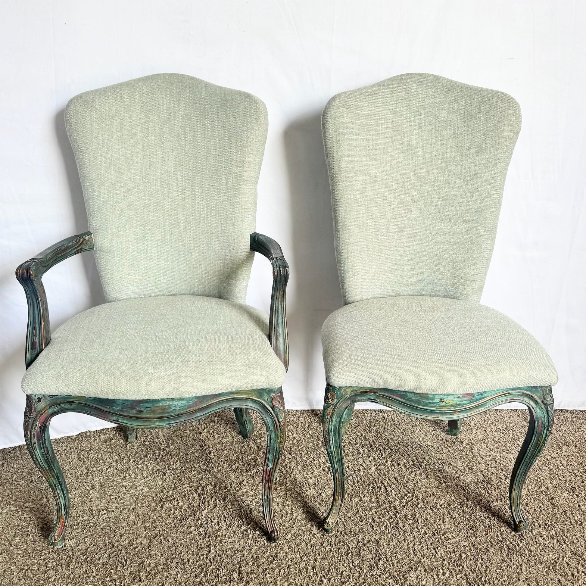 French Provincial Green Dining Chairs by Henredon - Set of 8 - Dolphin & Flamingo