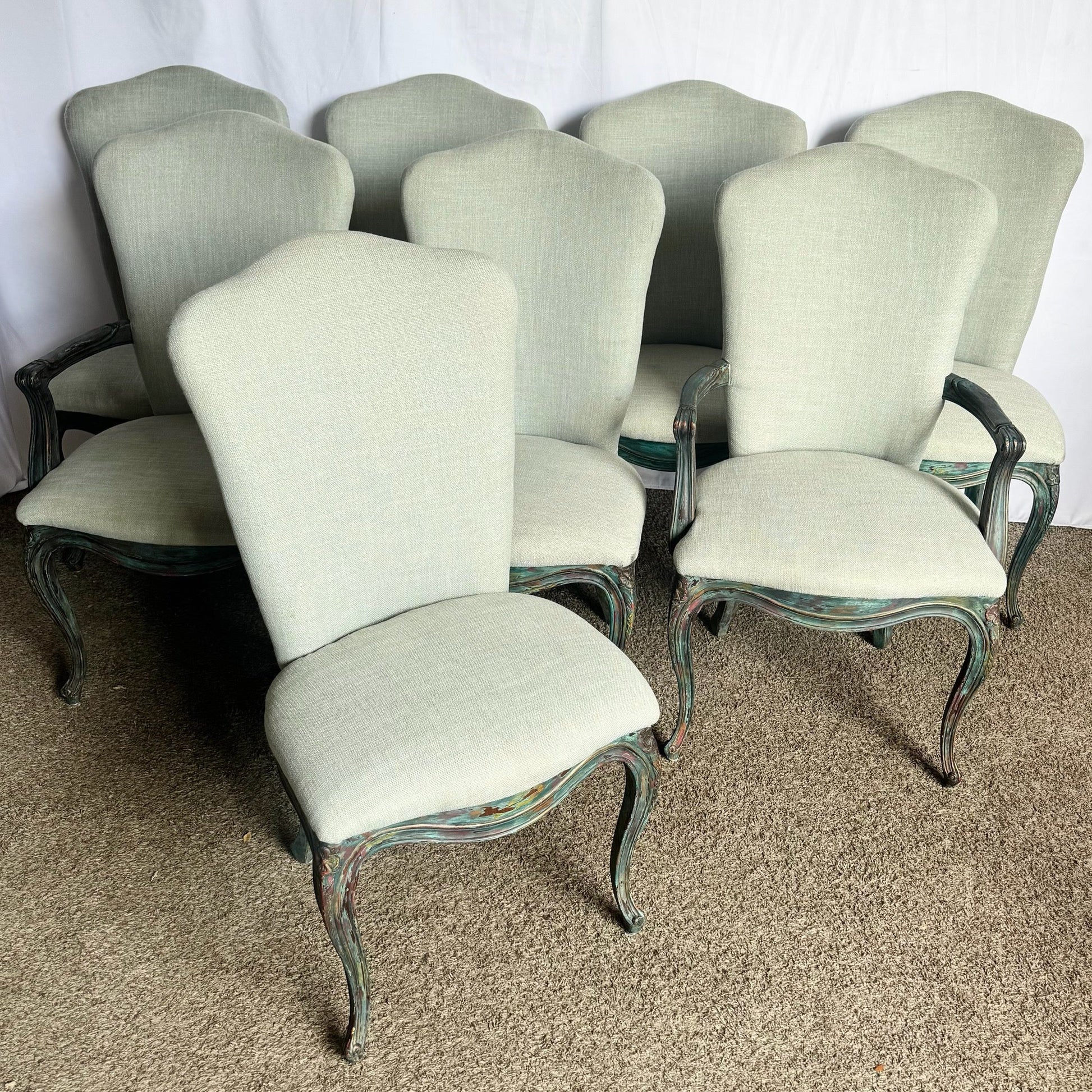 French Provincial Green Dining Chairs by Henredon - Set of 8 - Dolphin & Flamingo