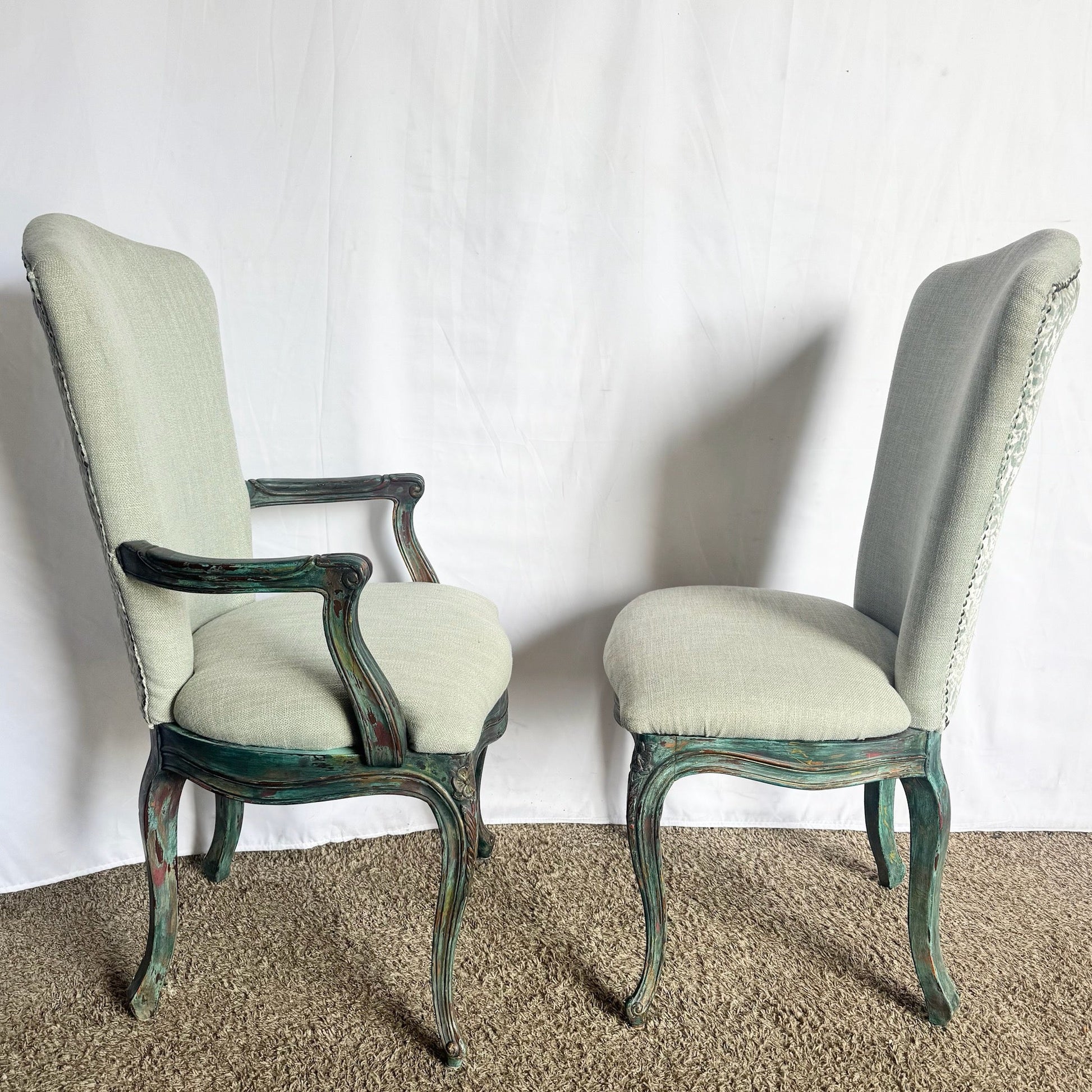 French Provincial Green Dining Chairs by Henredon - Set of 8 - Dolphin & Flamingo