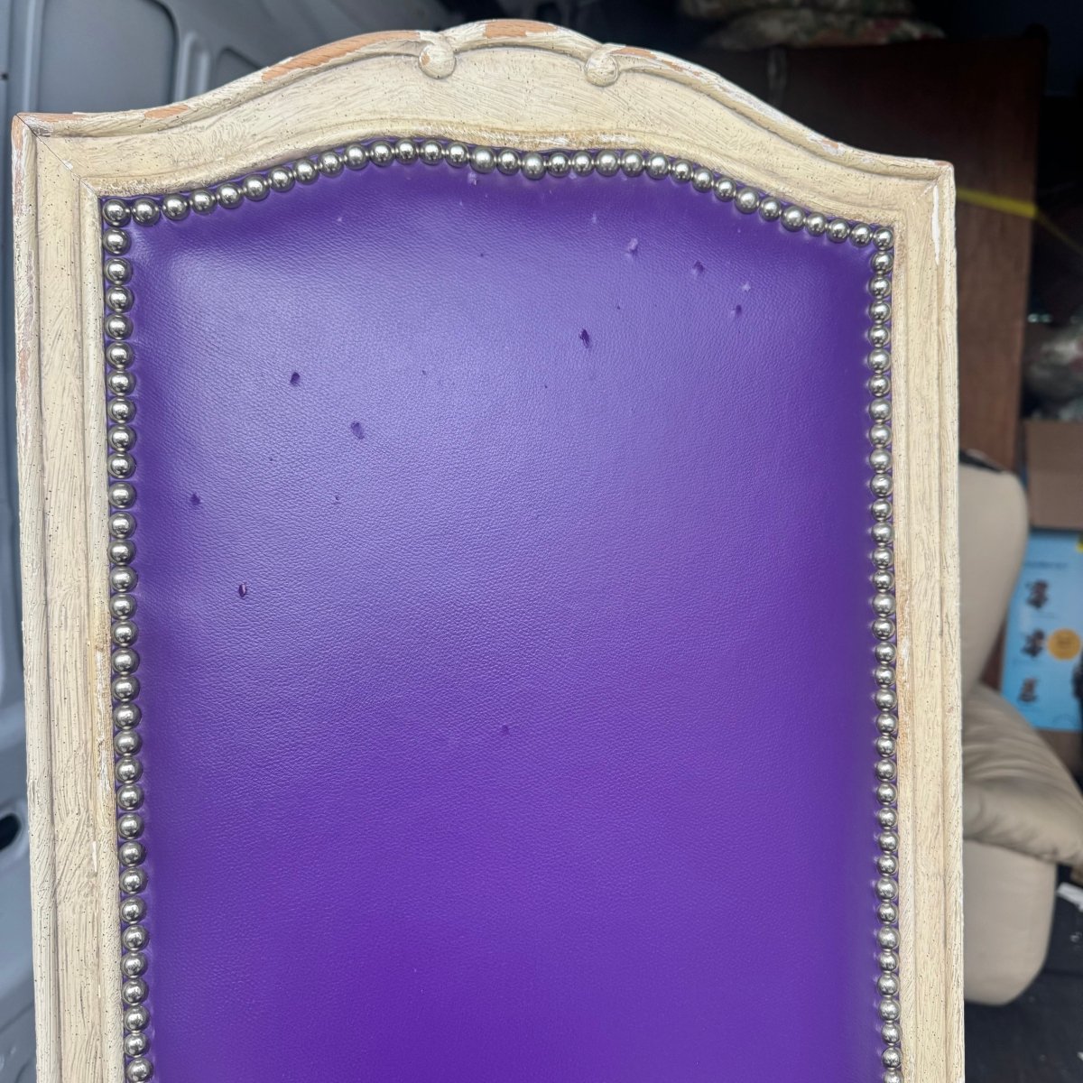 French Provincial Purple Vinyl and Platted Back Dining Chairs - Set of 4 - Dolphin & Flamingo