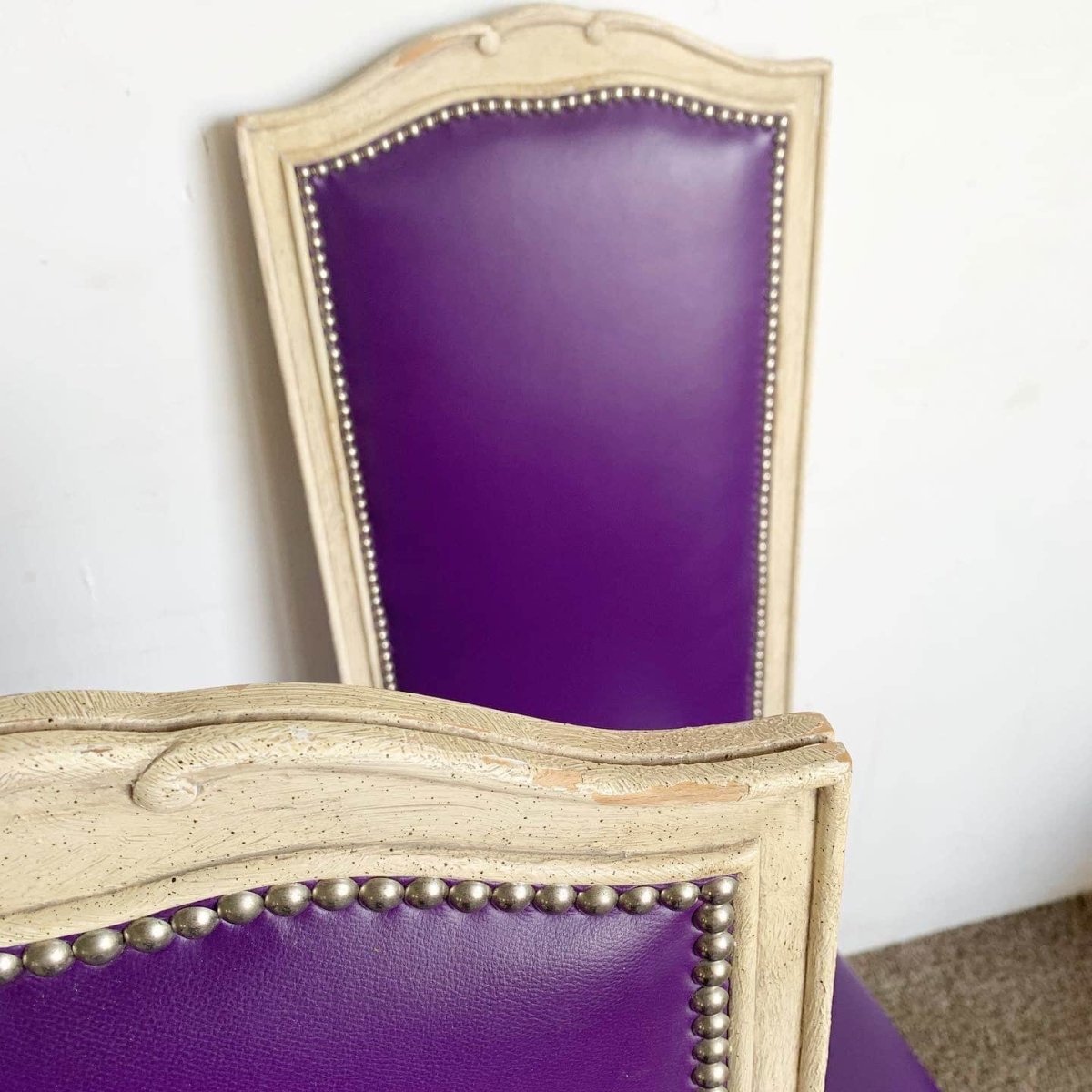 French Provincial Purple Vinyl and Platted Back Dining Chairs - Set of 4 - Dolphin & Flamingo
