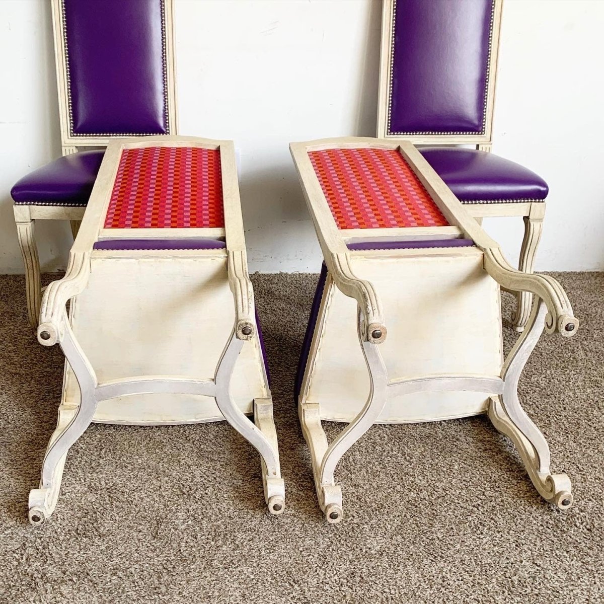 French Provincial Purple Vinyl and Platted Back Dining Chairs - Set of 4 - Dolphin & Flamingo
