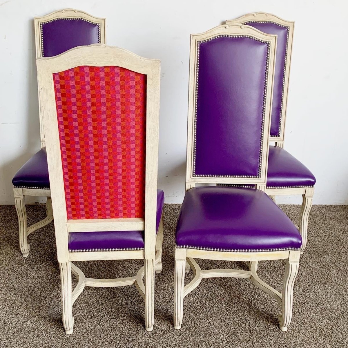 French Provincial Purple Vinyl and Platted Back Dining Chairs - Set of 4 - Dolphin & Flamingo