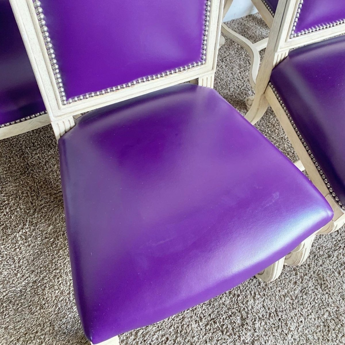 French Provincial Purple Vinyl and Platted Back Dining Chairs - Set of 4 - Dolphin & Flamingo