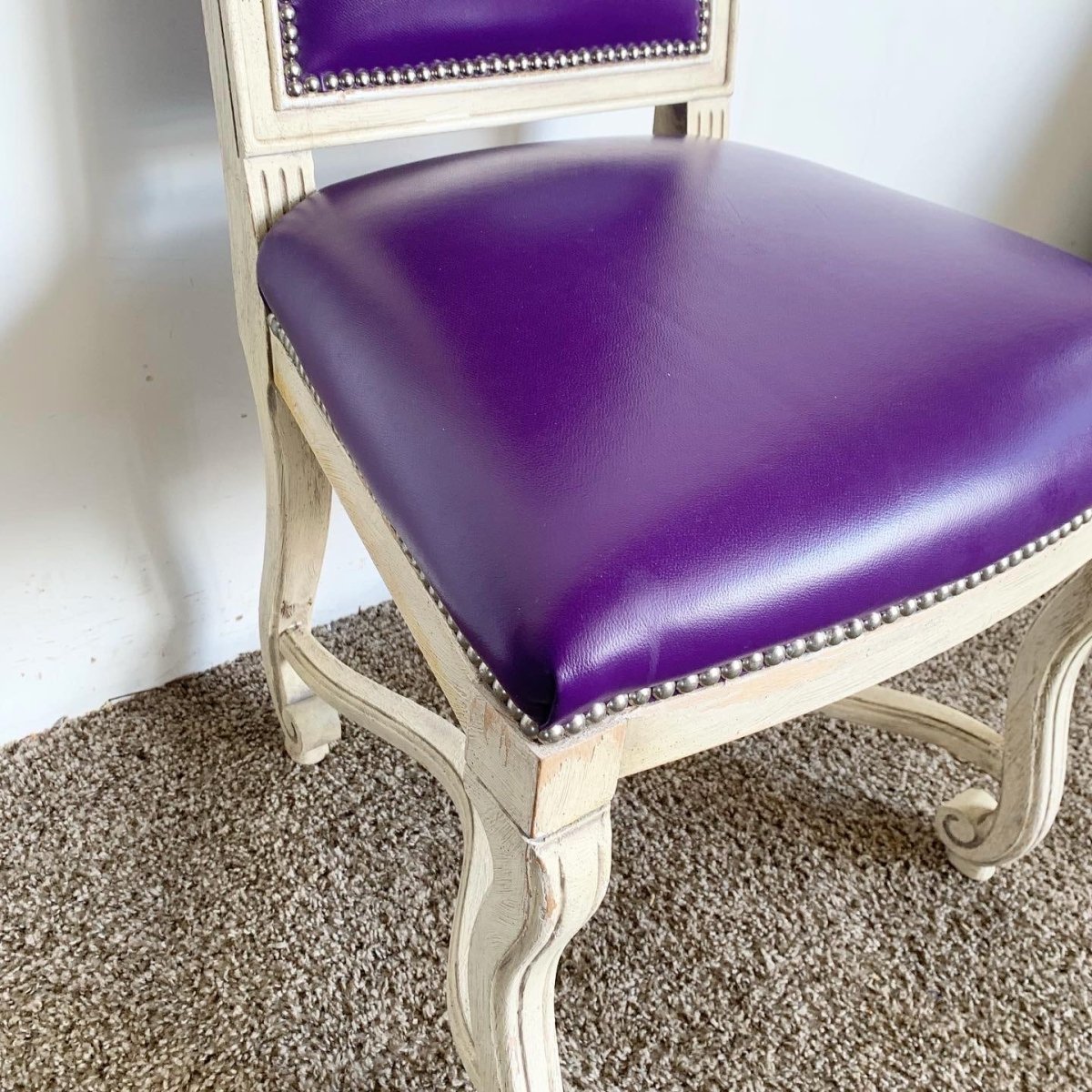 French Provincial Purple Vinyl and Platted Back Dining Chairs - Set of 4 - Dolphin & Flamingo