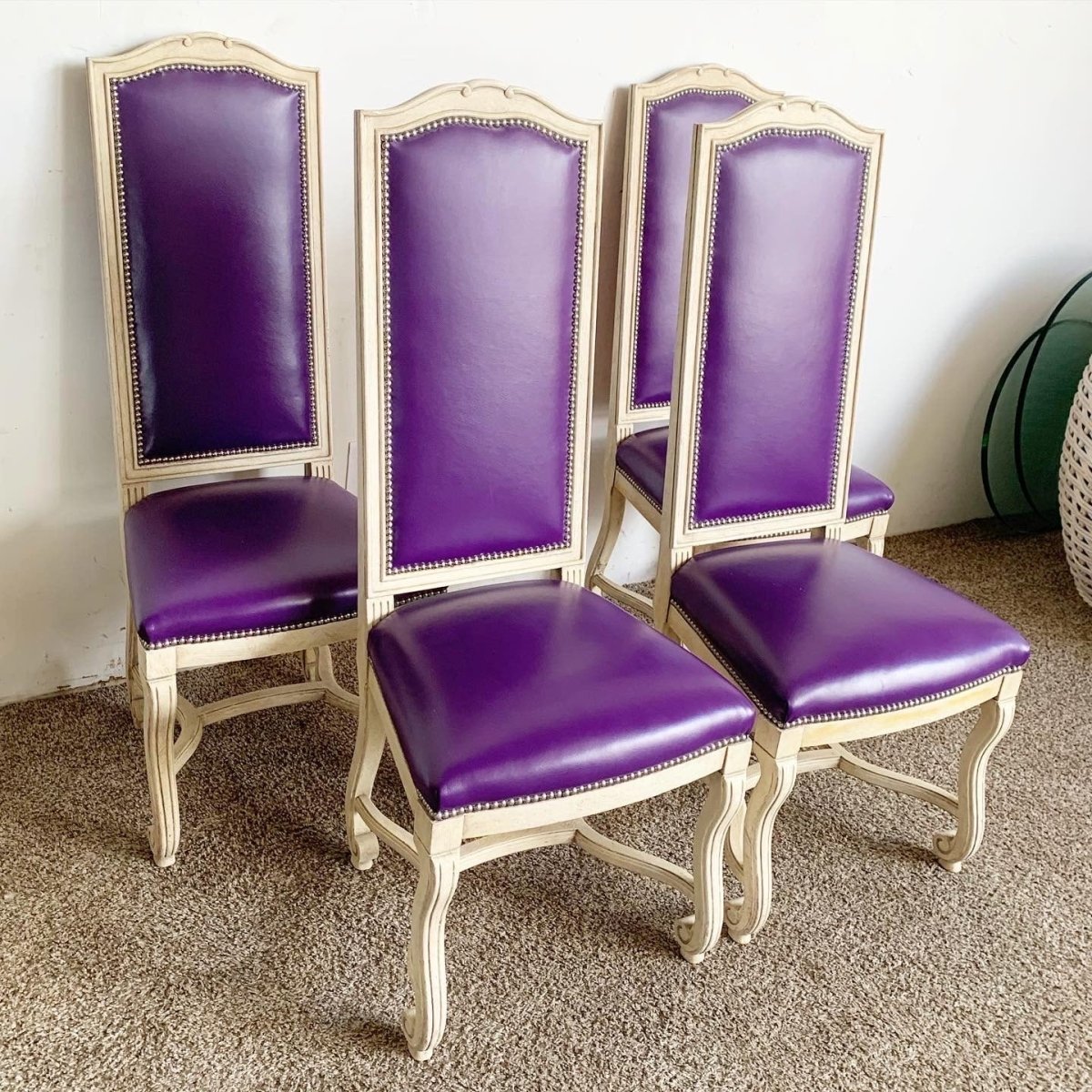 French Provincial Purple Vinyl and Platted Back Dining Chairs - Set of 4 - Dolphin & Flamingo
