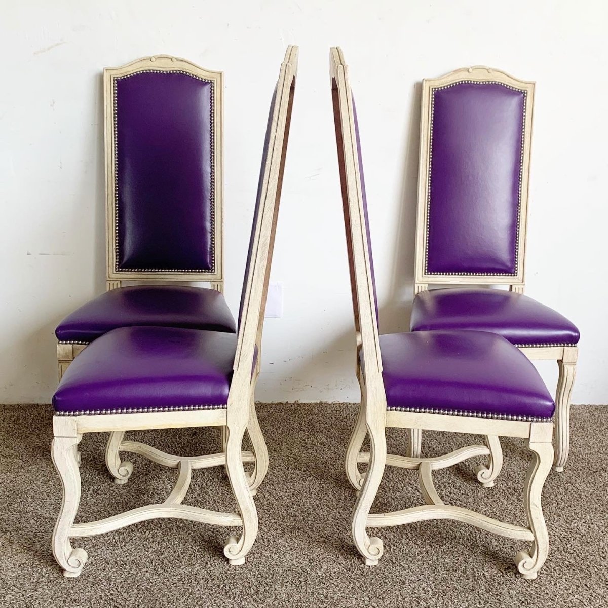 French Provincial Purple Vinyl and Platted Back Dining Chairs - Set of 4 - Dolphin & Flamingo