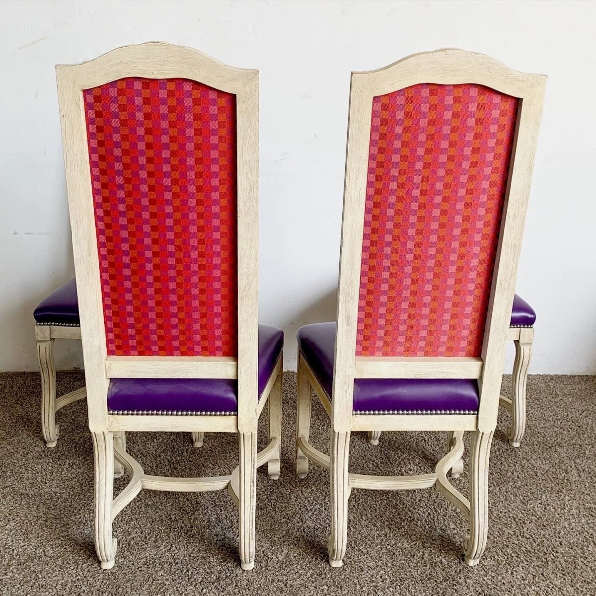 French Provincial Purple Vinyl and Platted Back Dining Chairs - Set of 4 - Dolphin & Flamingo