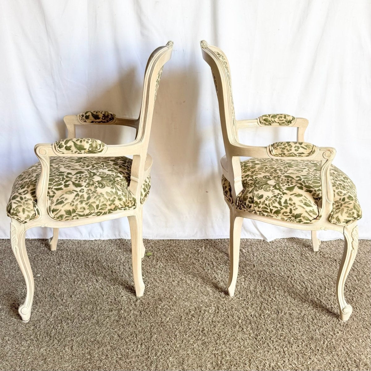 French Provincial Style Foliage Patterned Arm Chairs - A Pair - Dolphin & Flamingo