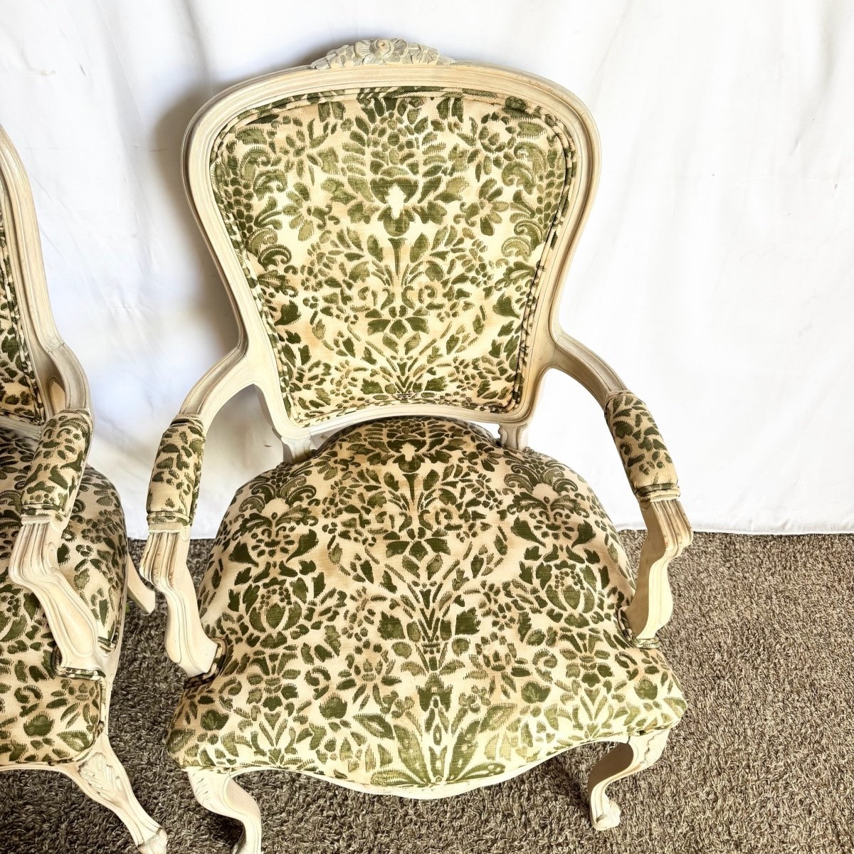 French Provincial Style Foliage Patterned Arm Chairs - A Pair - Dolphin & Flamingo