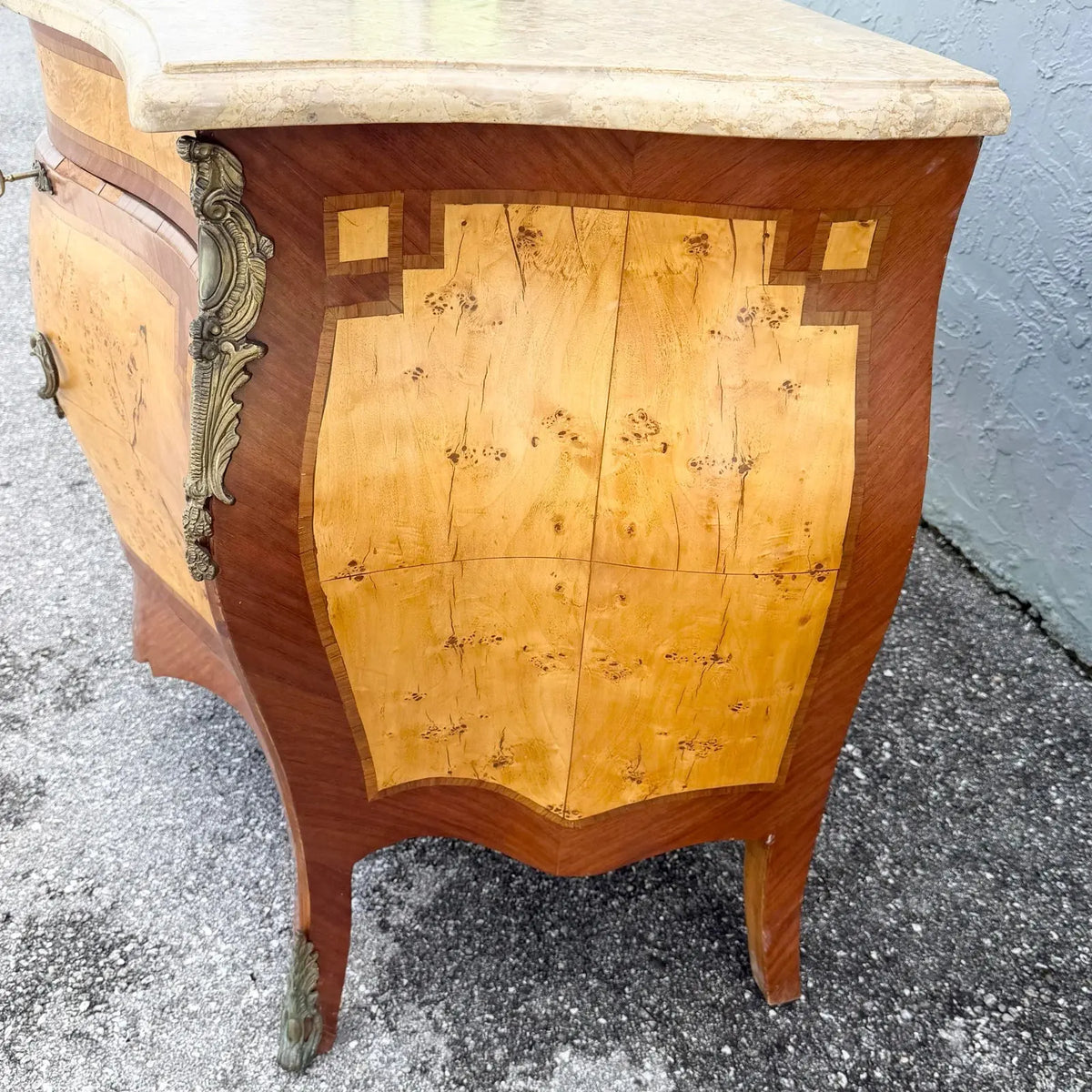 French Style Wood Inlaid Marble Top Bombe Sideboard Dolphin & Flamingo