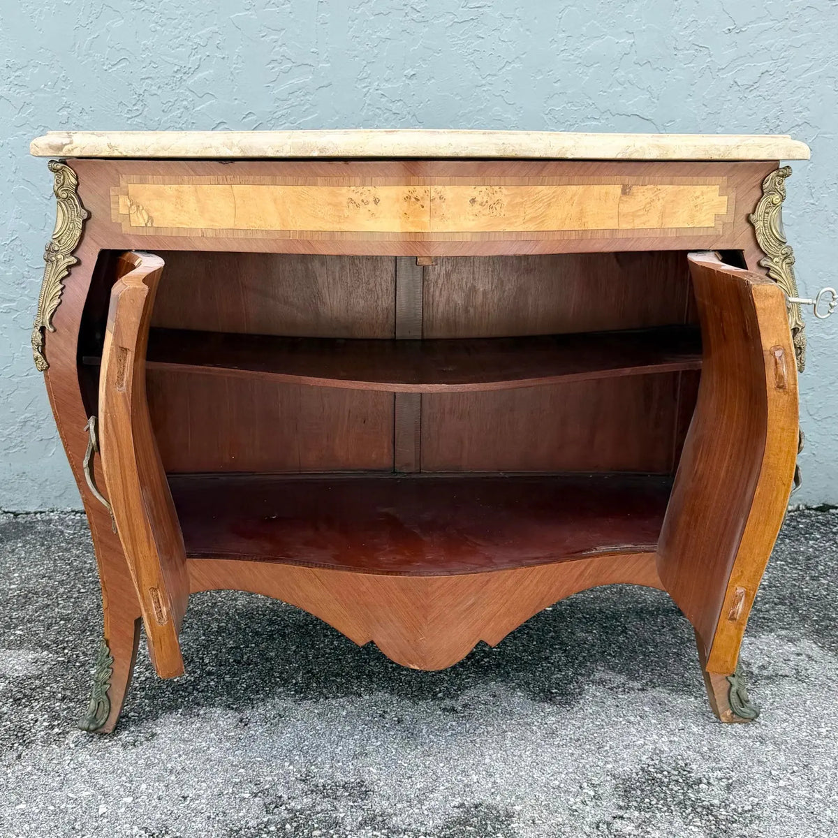 French Style Wood Inlaid Marble Top Bombe Sideboard Dolphin & Flamingo