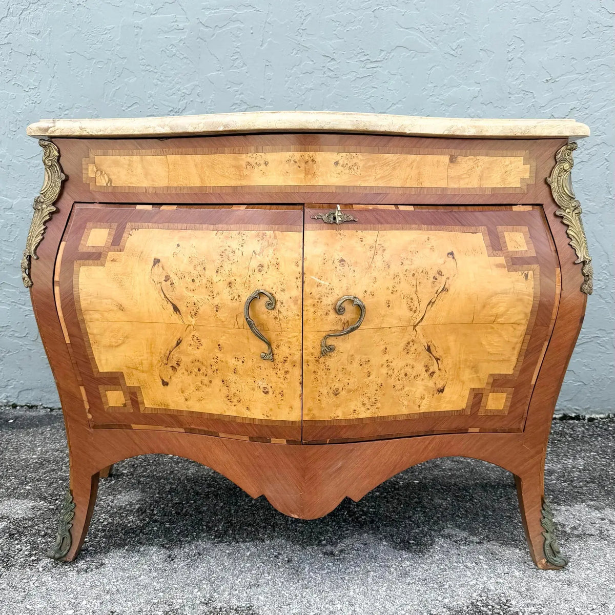 French Style Wood Inlaid Marble Top Bombe Sideboard Dolphin & Flamingo